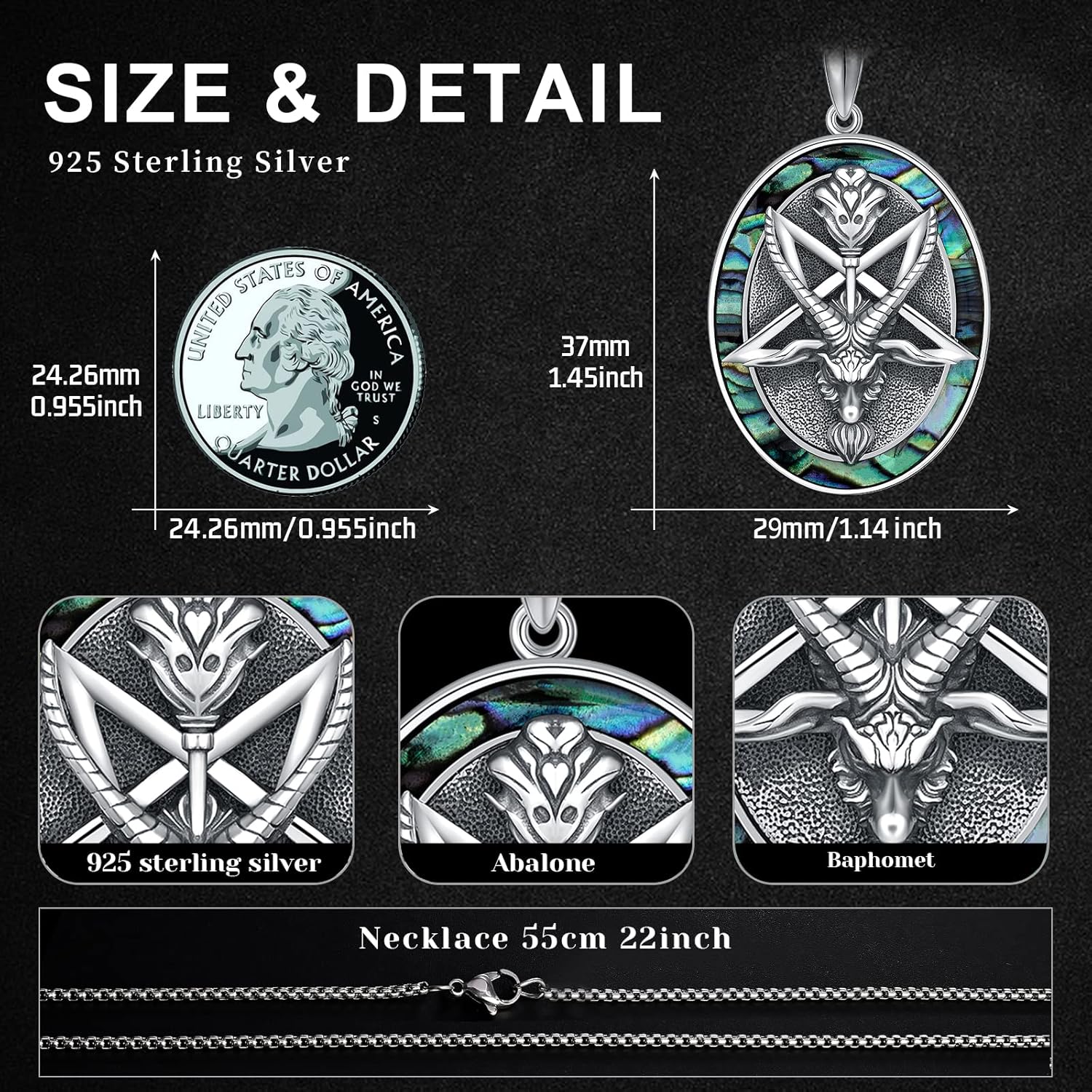 Miniatura 2 de JUSTKIDSTOY Satanic Goat Head Pentagram Pendant Necklace 925 Sterling Silver Baphomet Necklace for Men Women Rotatable Spinning Goth Necklace