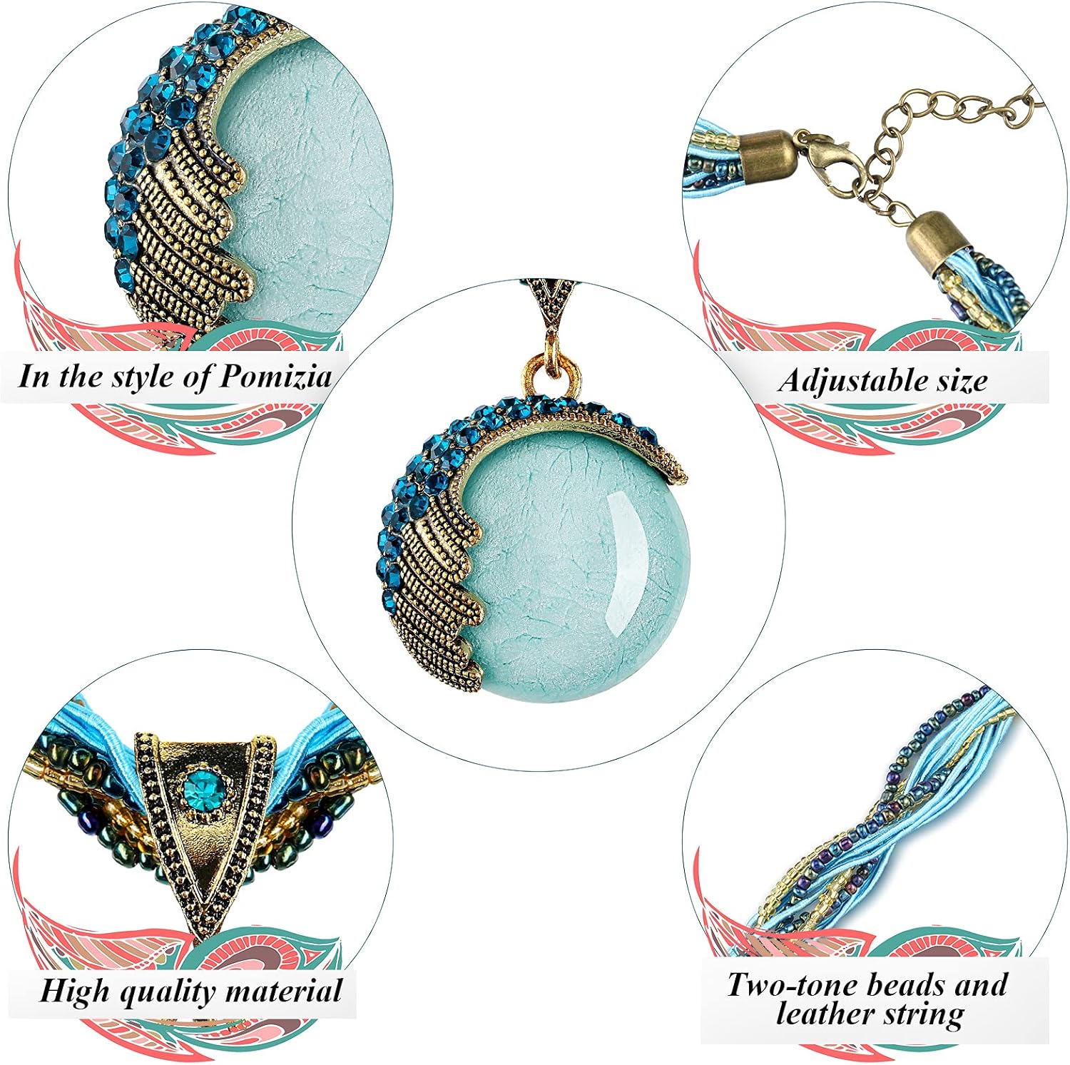 Bonuci 4 Pcs Bohemian Necklace for Women Retro Vintage Turquoise Rhinestone Necklace Beaded Chunky Pendant for Women Ladies Gift - Image 6