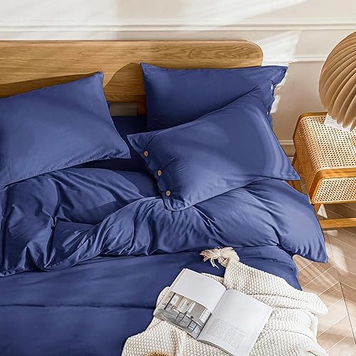 Miniatura 3 de JELLYMONI Funda de edredón azul marino, tamaño California King, funda de edredón 100% algodón lavado con textura similar al lino, juego de cama de 3