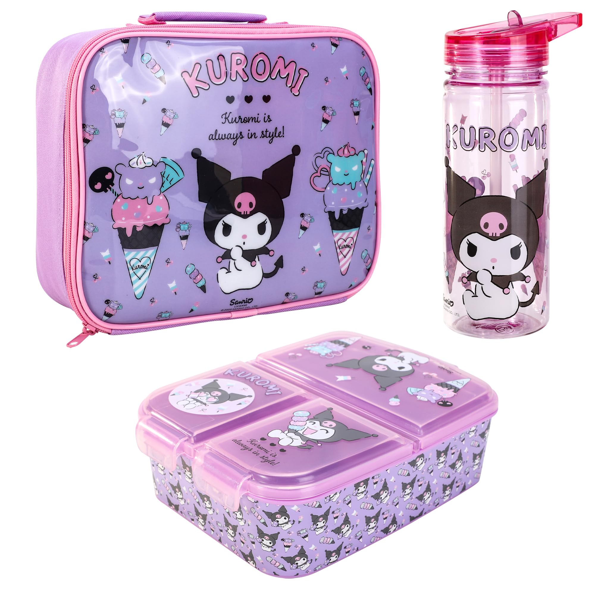 Kuromi Kids Childrens Lunch Box Set – Insulated Lunch Bag, Multicompartment Lunch Box & 580ml Water Bottle - School Travel Lunch Food Set, BPA Free
