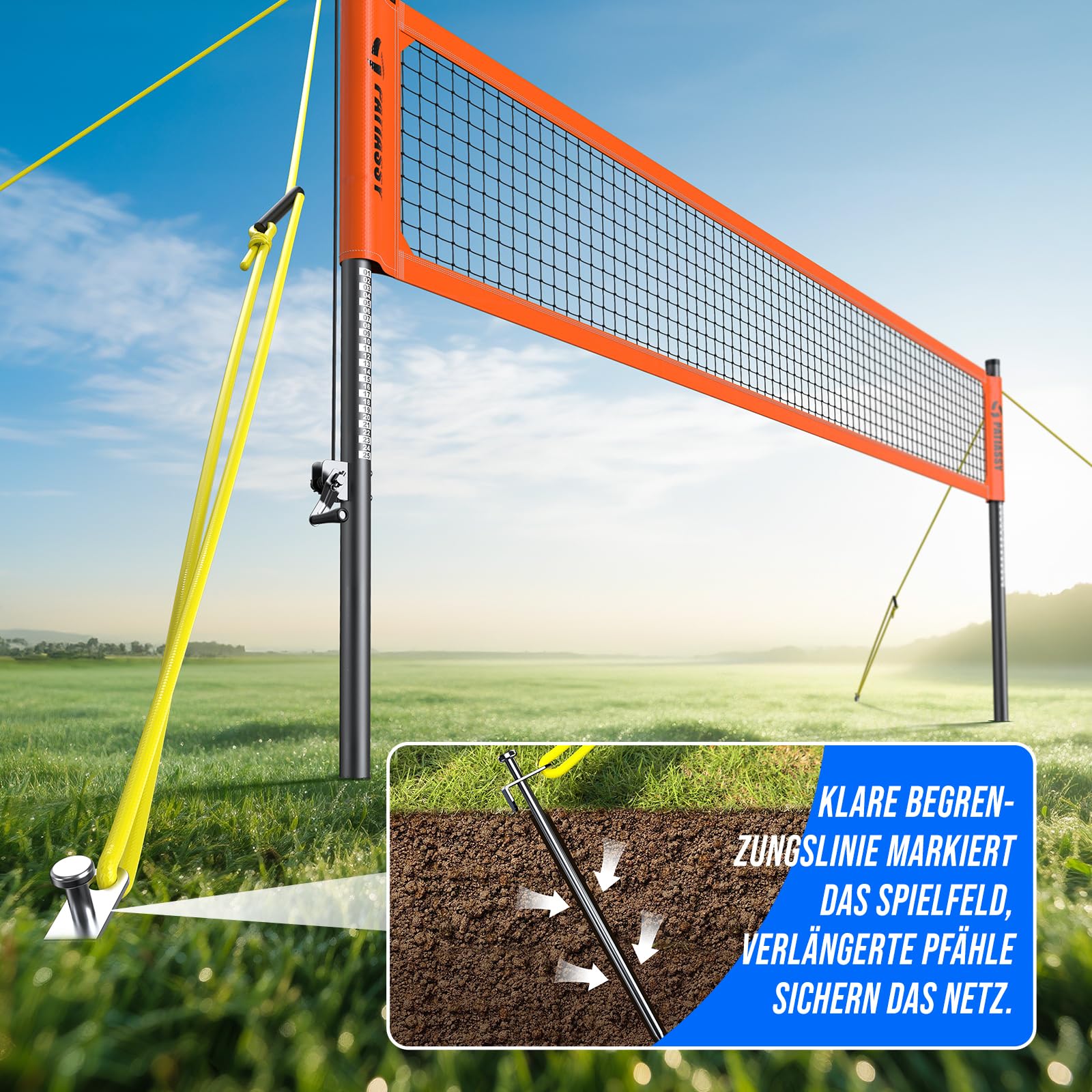 Professionelles Volleyballnetz für den Garten Höhenverstellbar Anti-Rost Beschichtung PU Volleyball 9,75m*1m
