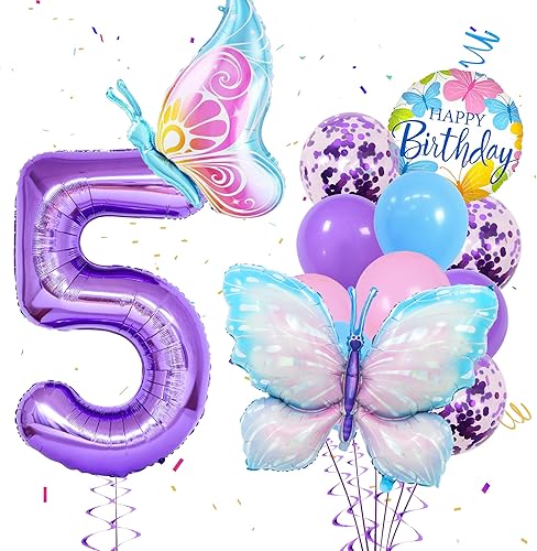 12 globos de mariposa morada, decoración de cumpleaños de mariposa grande, globos de papel de aluminio de mariposa, confeti, fiesta de 5 cumpleaños