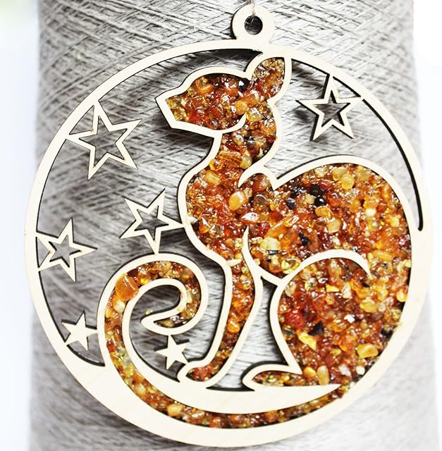 Handmade Amber and Wood Decoration - Lucky Cat, beautiful charm for your home or office. Housewarming, New House Gift