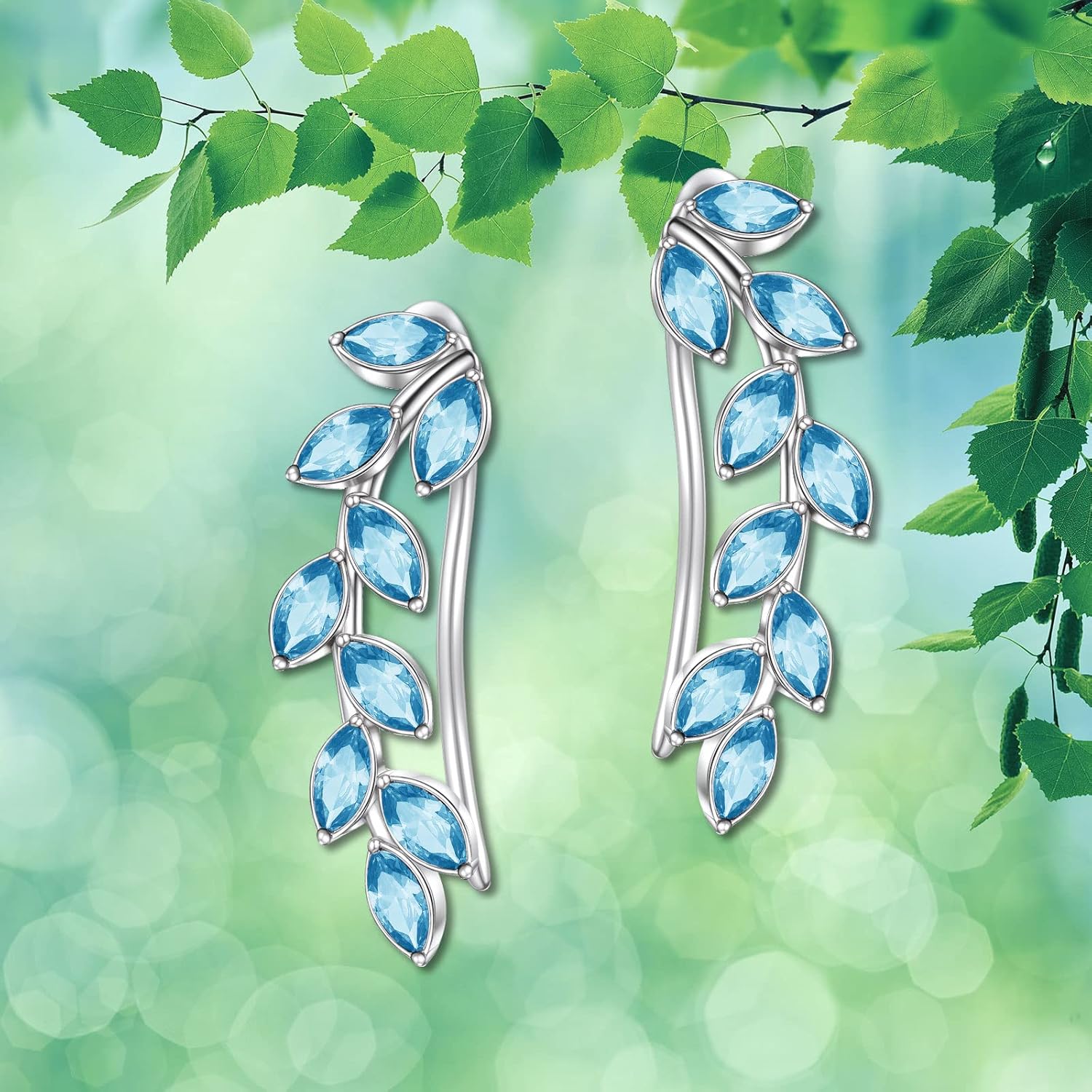 AOBOCO Leaf Ear Climbers Earrings Hypoallergenic 925 Sterling Silver Ear Crawler Cuff Earrings for Sensitive Ears, Made with Austrian Crystals