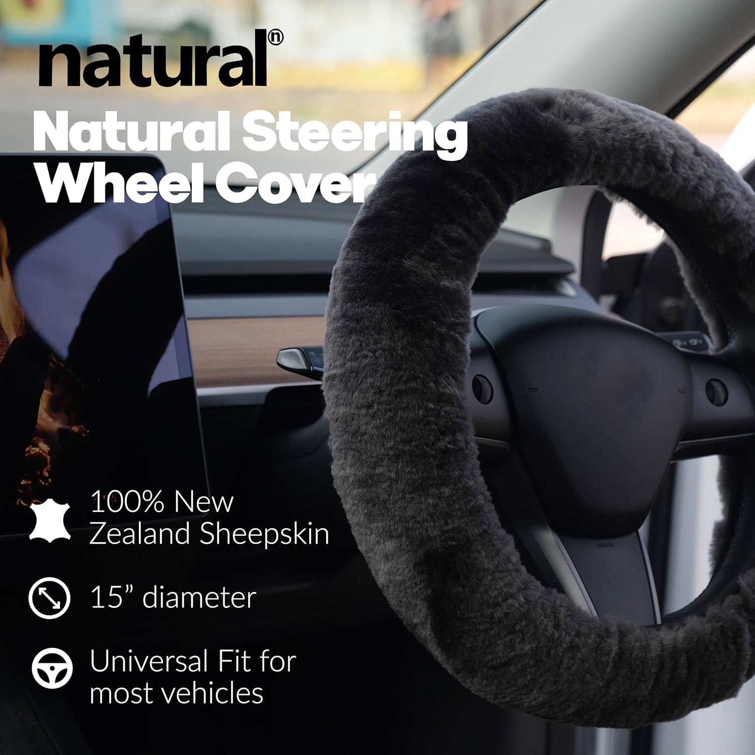 Natural Sheepskin Steering Wheel Cover for Women and Men | 100% Genuine Sheepskin Wool Furry 15” Universal Fit Steering Wheel Covers with Elastic Piping on Edges (Carbon Grey)