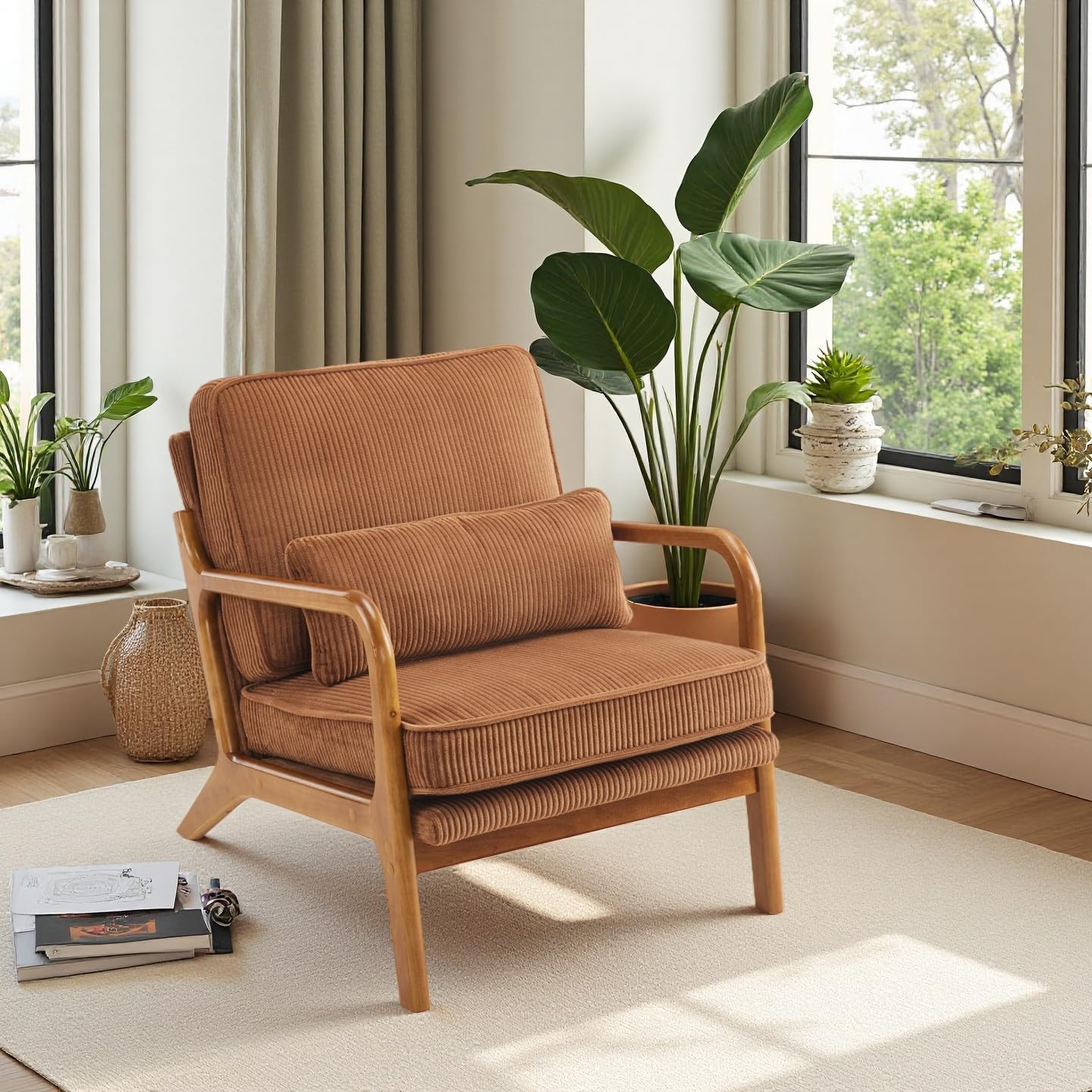 Bonnlo Accent Chair, Soild Wood Padding Lounge Armchairs, Occasional Reading Chair with Cushions and Lumbar Pillow, Armchairs for Living Room, Bedroom, Guest Room, Corduroy, Brown — image 1