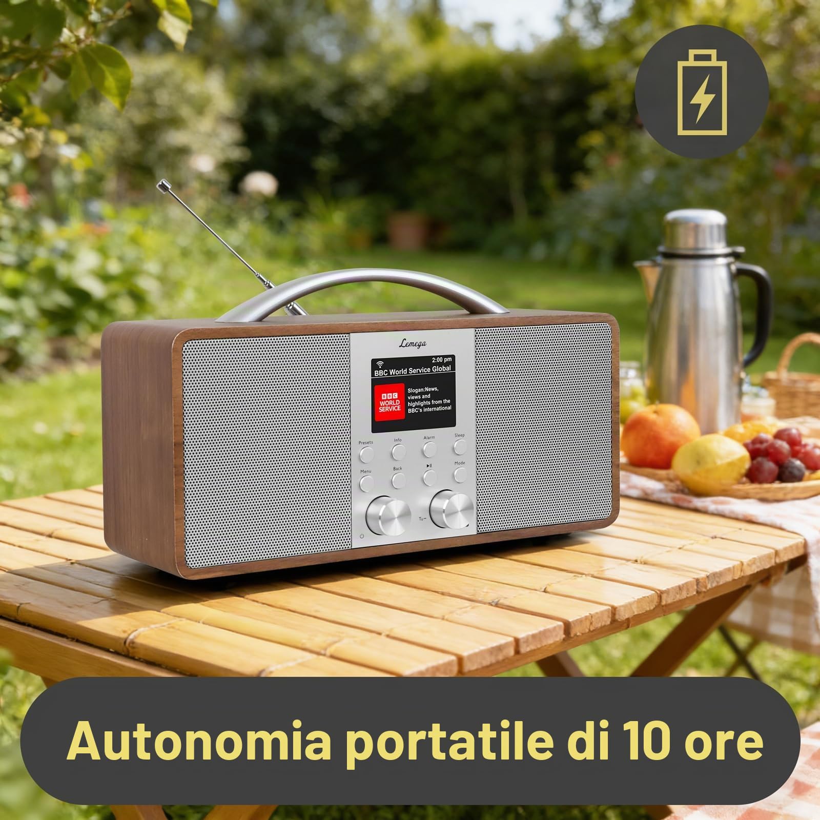 Radio Internet Lemega IR6 con podcast e streaming Bluetooth,radio DAB+/FM stereo,doppio altoparlante 2.0,150 stazioni preimpostate,sveglia,batteria ricaricabile (Noce)