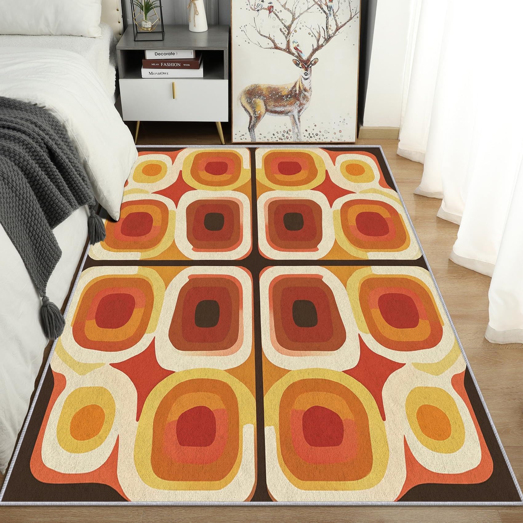 Tappeto antiscivolo anni '70, tappeto con motivo geometrico a cerchi, tappeto lavabile con estetica astratta per soggiorno, camera da letto, cameretta dei bambini, 90x180cm