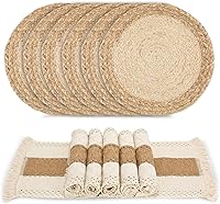 Zology Handmade Boho Placemats Set of 12 - Natural Cotton Burlap Water Hyacinth Woven Square Round Table Mats Farmhouse Kitchen Decor