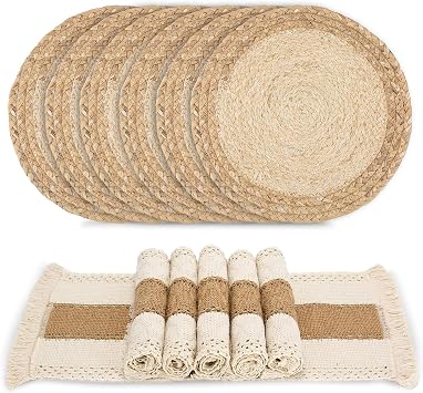 Boho Table Mats Set of 6- Woven Placemats for Family Dinner, Holiday Dining, Kitchen Table Decor |Natural Round Placemats Made of Burdock Grass & Corn Husk,Eco-Friendly