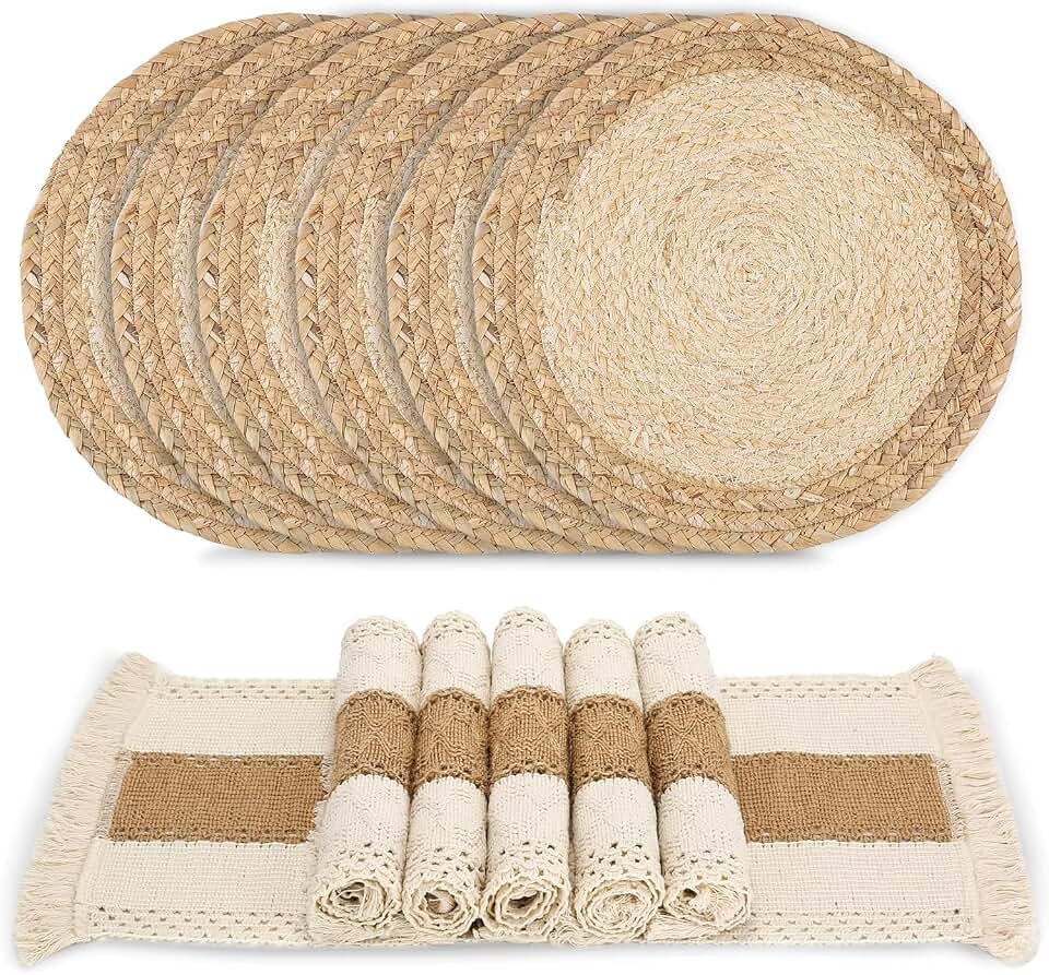 Manteles Boho Hechos a Mano Salvamanteles Trenzados de Paja y Arpillera de Algodón Natural Decoración de Macramé y Manteles Individuales Estilo Granja para Mesa de Comedor Conjunto de 6
