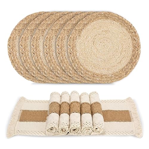 Handmade Boho Placemats Set of 6 - Natural Cotton Burlap