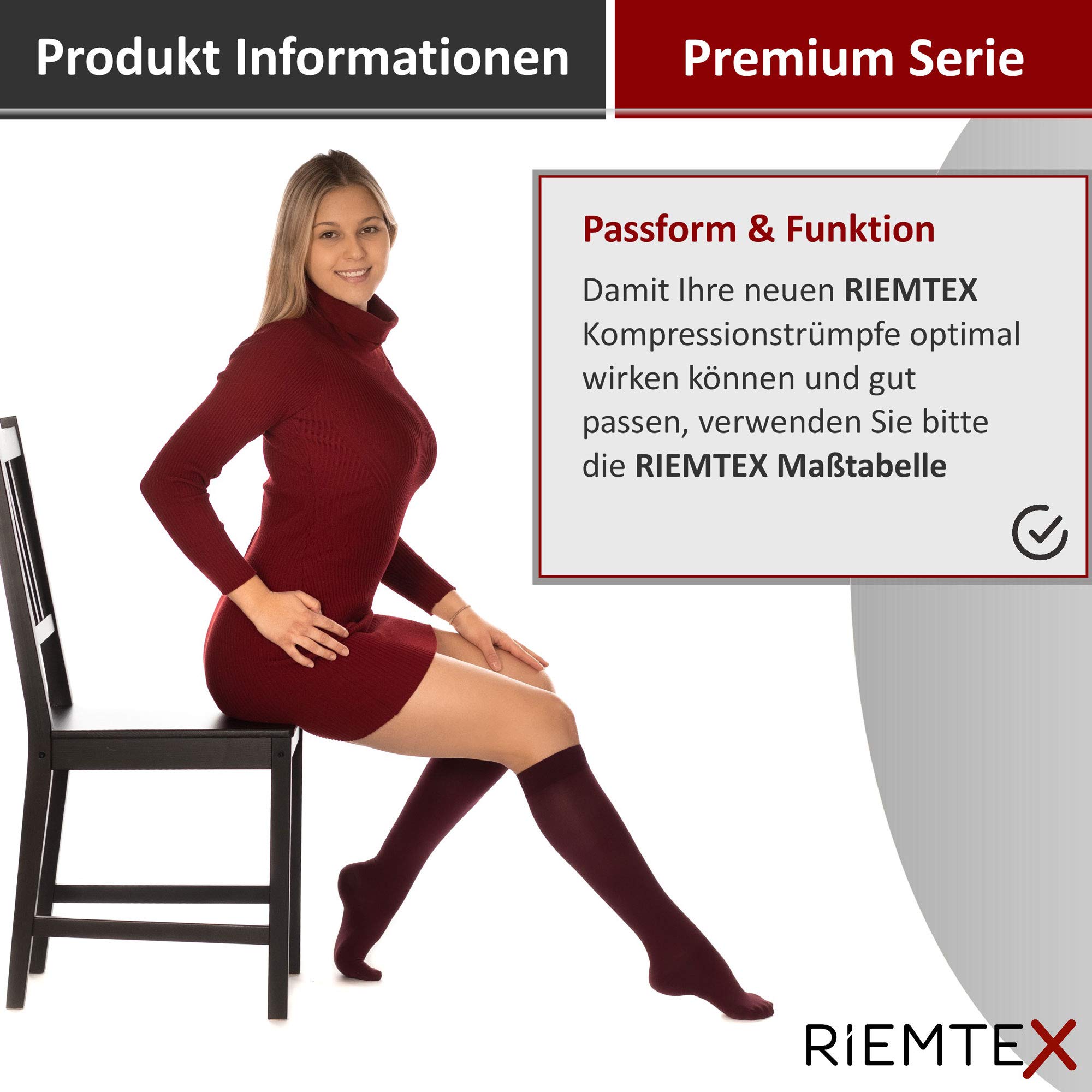 RIEMTEX medizinische Kompressionsstrümpfe Klasse 2 CCL2 23-32 mmHg Wadenstrümpfe für Damen Geschlossene Spitze PREMIUM Serie 3211a (Größe 6, Burgundy)