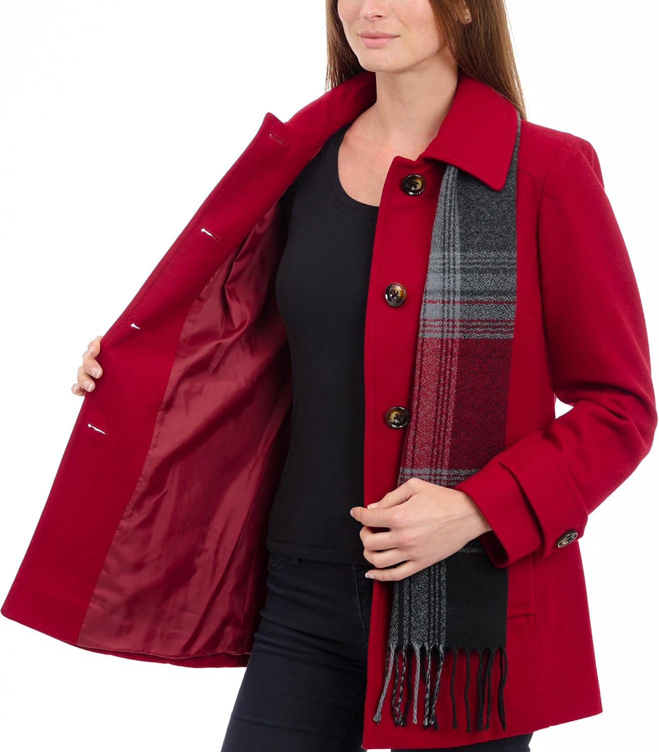 LONDON FOG womens Single-breasted Wool Blend Coat With Scarf - Image 4