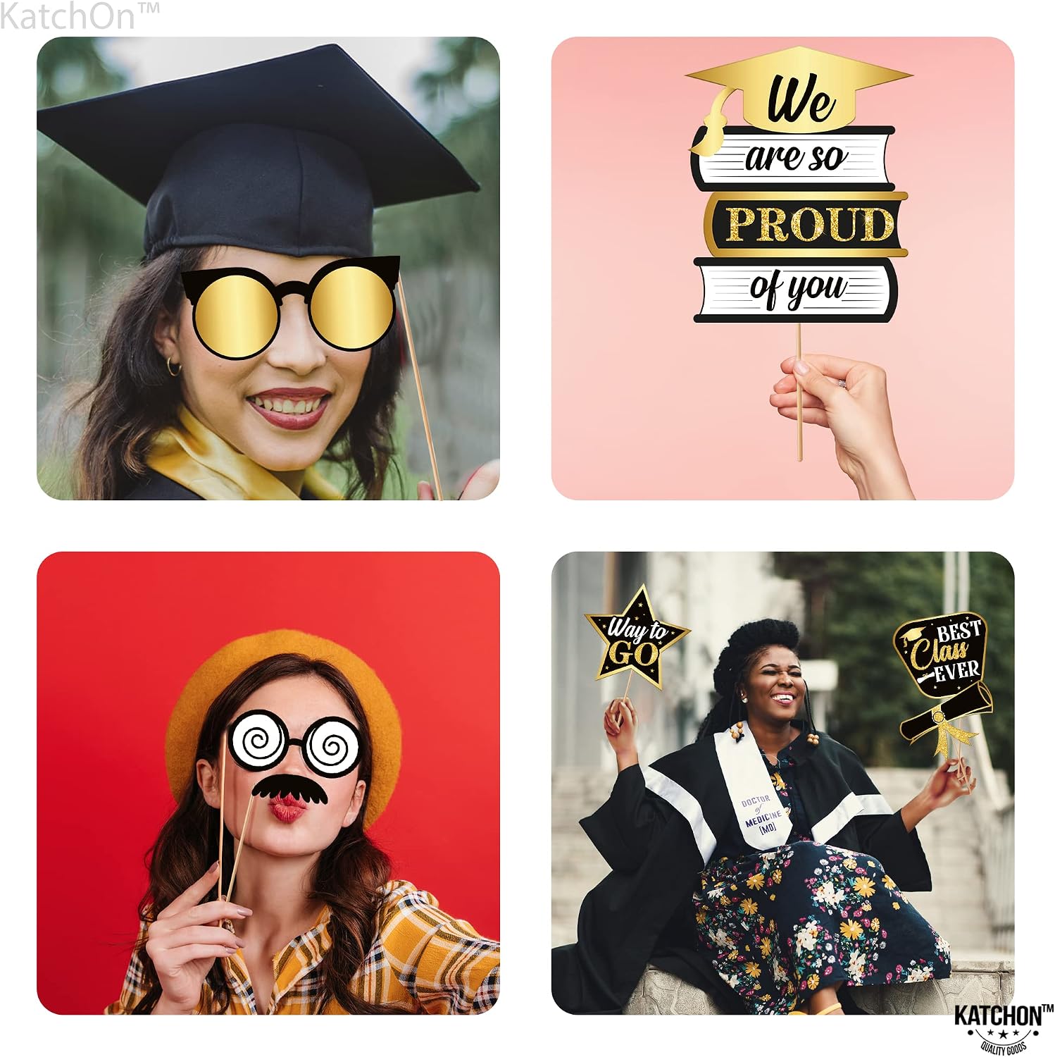 KatchOn, Graduation Photo Booth Props 2026 - Glitter, Pack of 30 | Black and Gold Graduation Photo Props | Graduation Props for Photoshoot 2026, Black and Gold 2026 Graduation Decorations