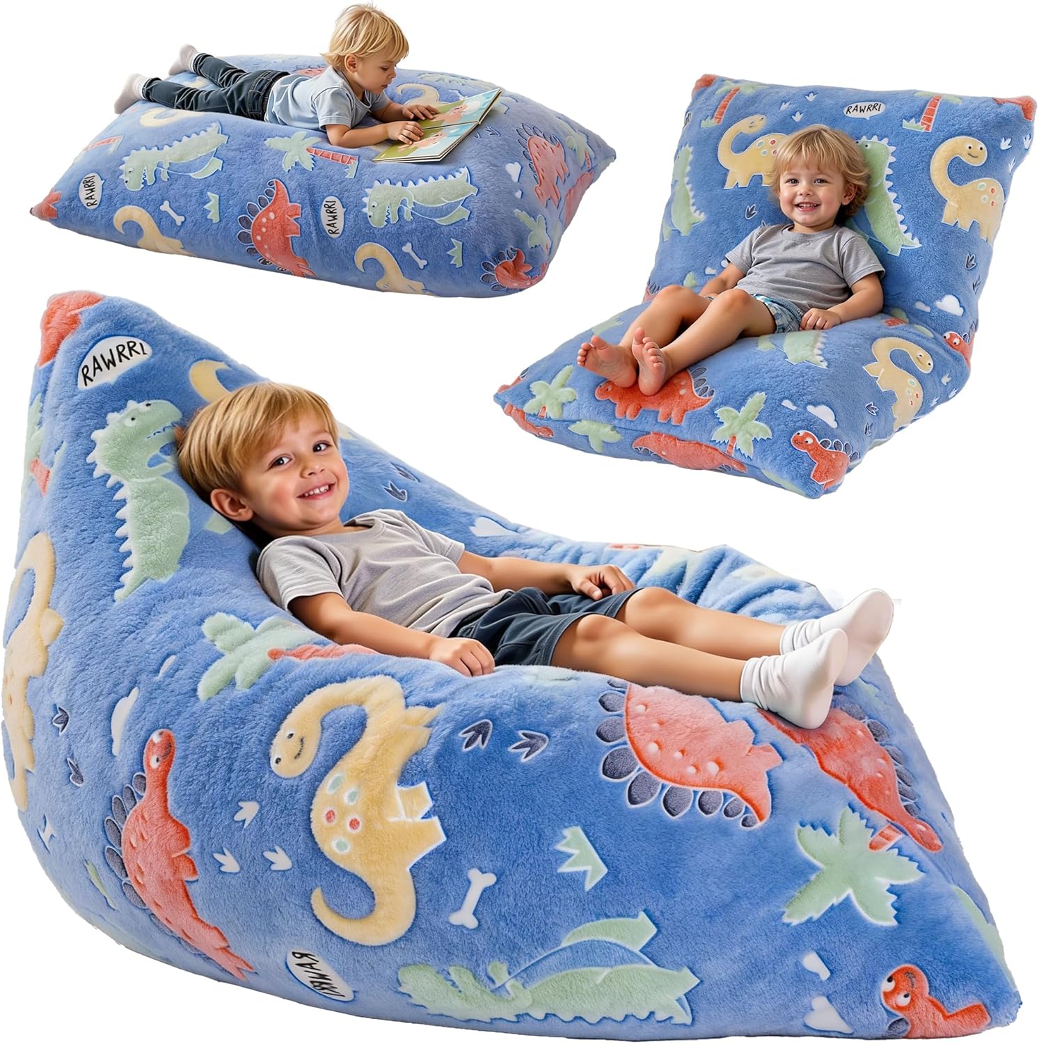 Kids Bean Bag Chair Bed, 3 in 1 Memory Foam Filled Bean Bag Sofa with Removable Cover for Playroom Daycare Bedroom, Toddlers Lazy Floor Mattress Lounger for Boys Girls, Glowing Dinosaur