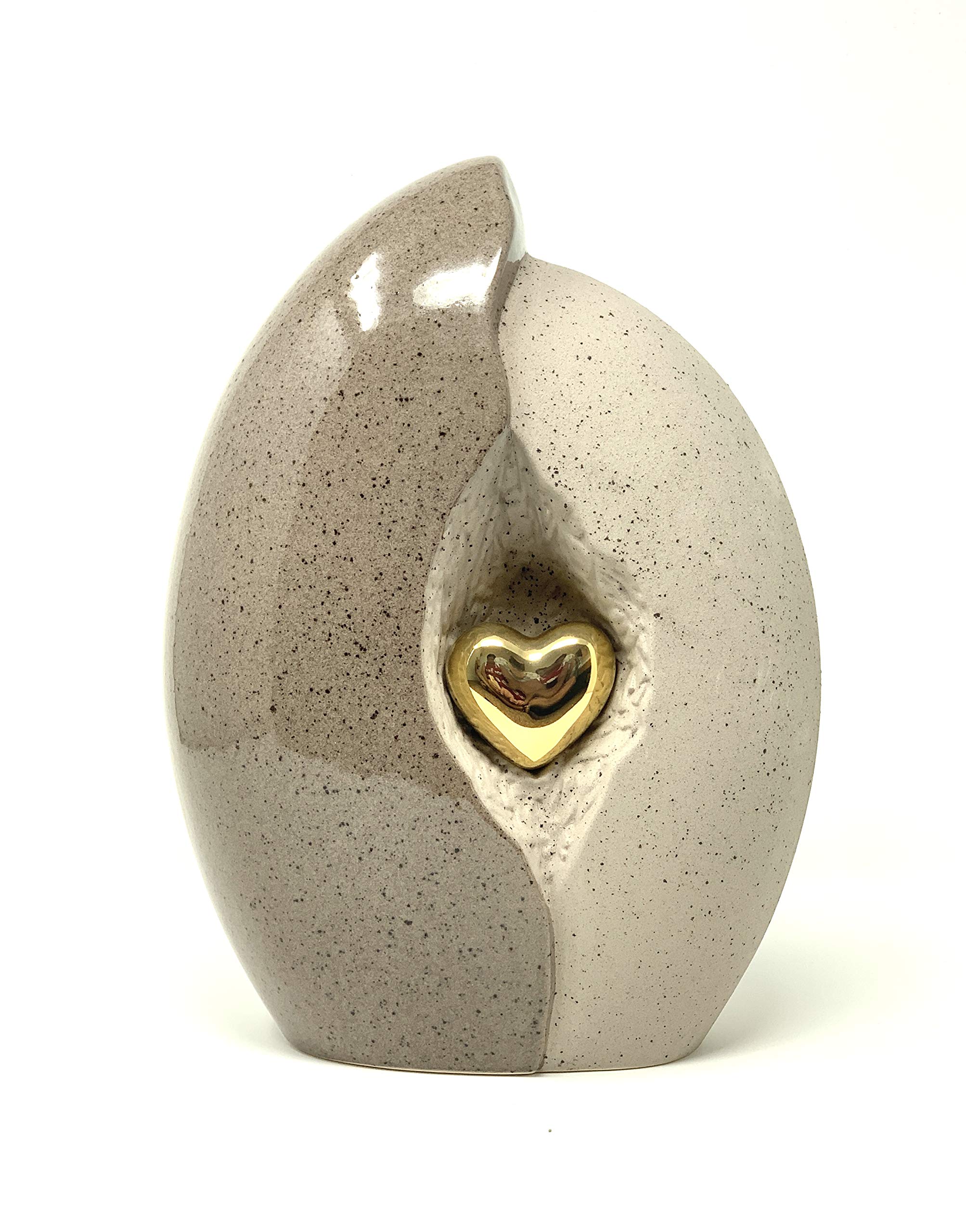 Urna de cerámica para cenizas, corazón en concha, color gris arena, cremación, moderno, contenedor artístico
