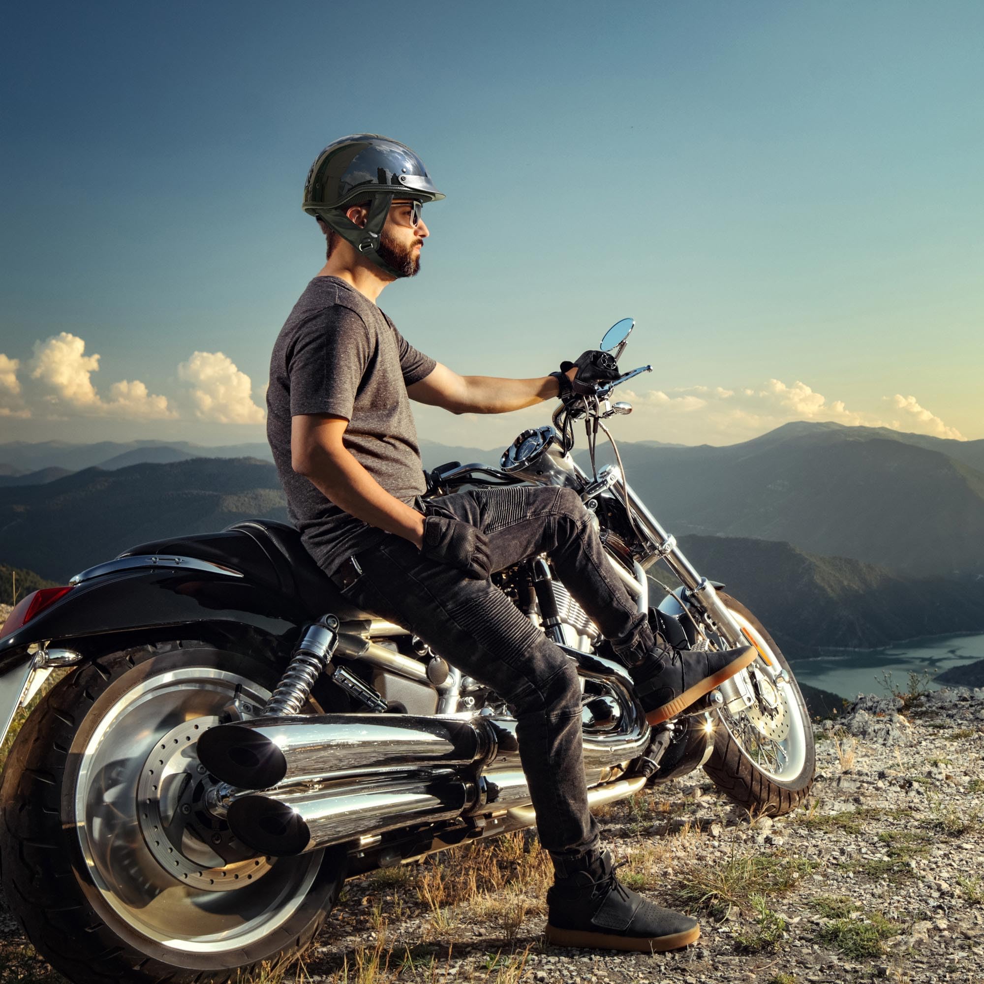 AHR Run-C Half Face Helmet DOT Approved Bike Cruiser Chopper High Gloss Black L