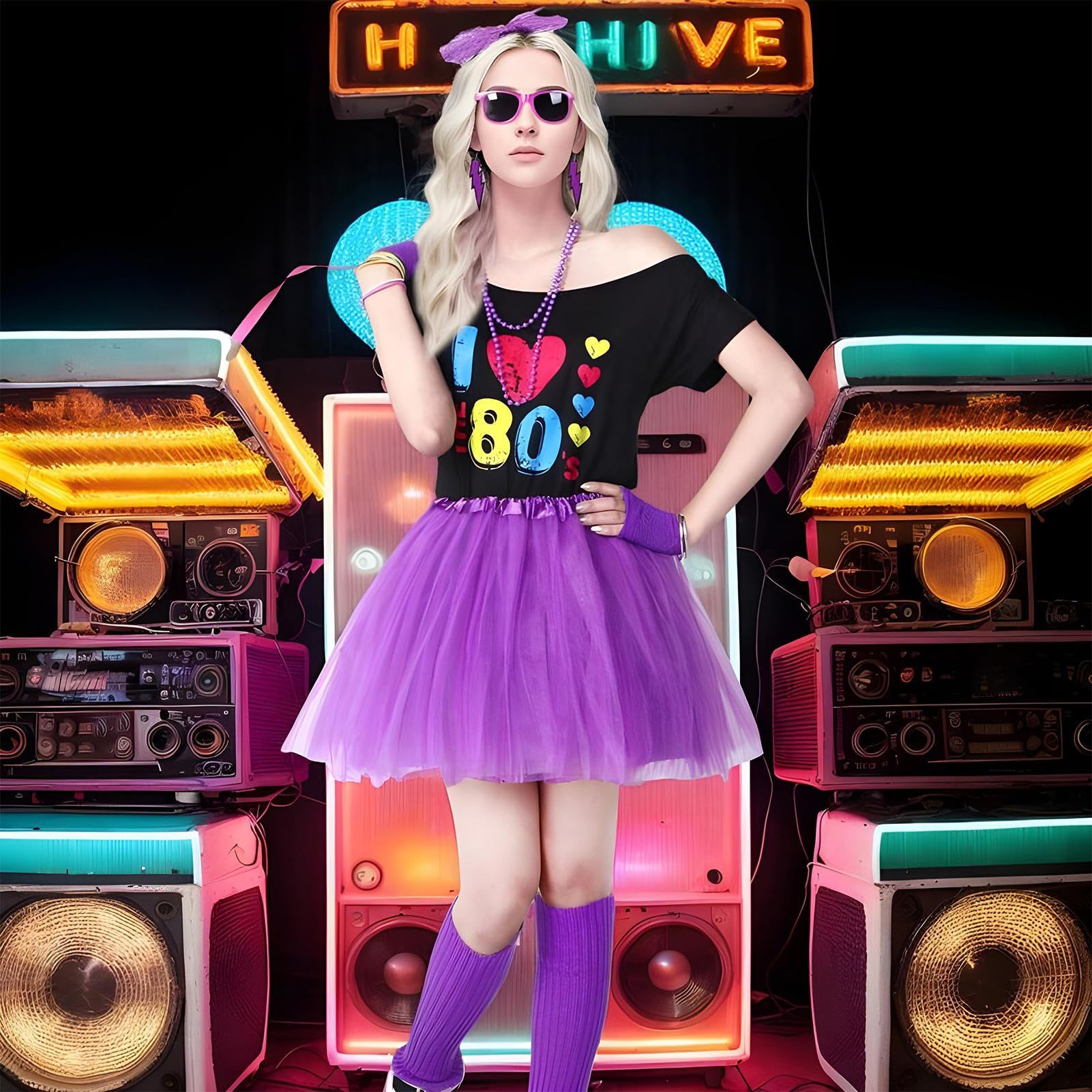 Conjunto genérico de traje de los años 80 para mujer, traje de mujer de los 80 – Guantes de camiseta de disfraz, disfraz de cosplay 1980, top con hombros descubiertos, conjunto de accesorios de