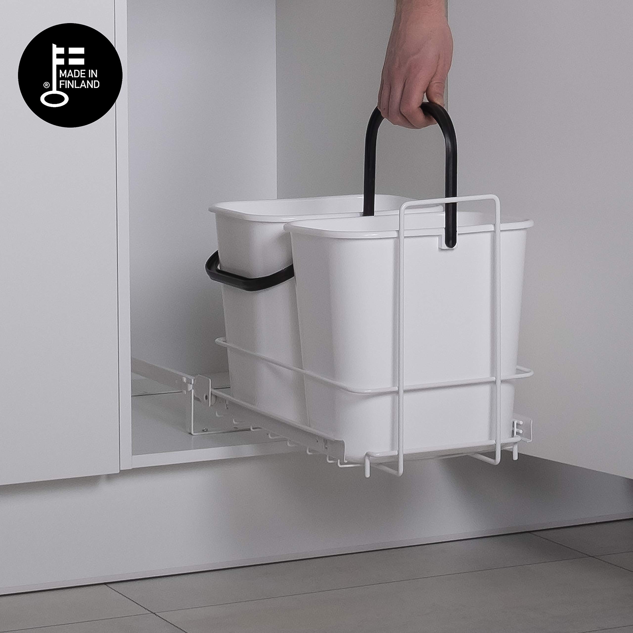 LM 66/2 Einbau Mülleimer weiß ausziehbar Duo Mülltrennsystem für Küche Unterschrank, 2 Abfalleimer weißer Korbauszug 29x48x35,5 cm