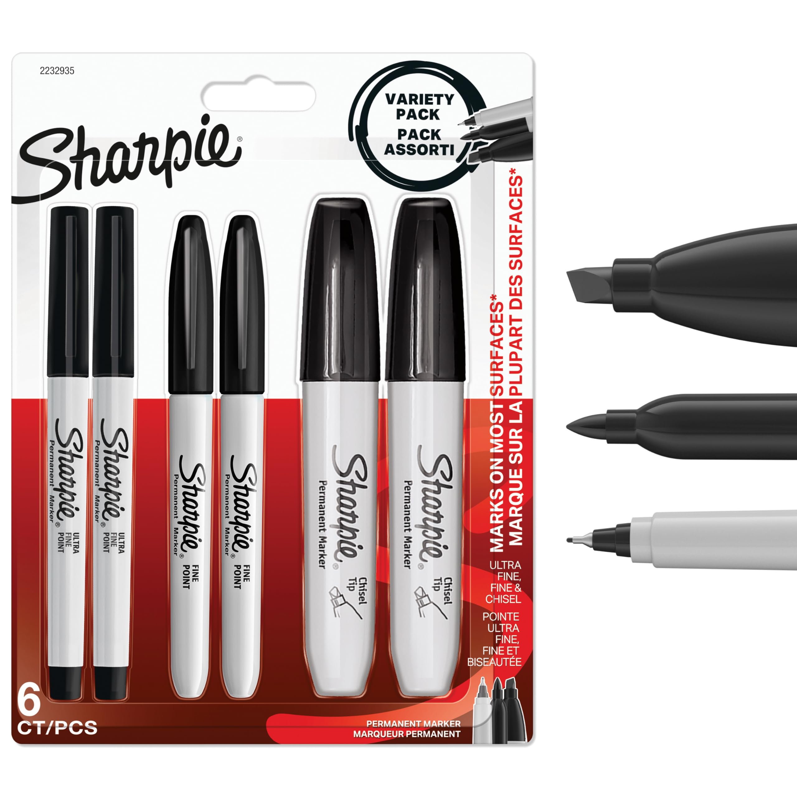 Sharpie Permanent Marker Pens Variety Pack | Ultra Fine, Fine & Chisel Tip Markers | Black Ink | 6 Count