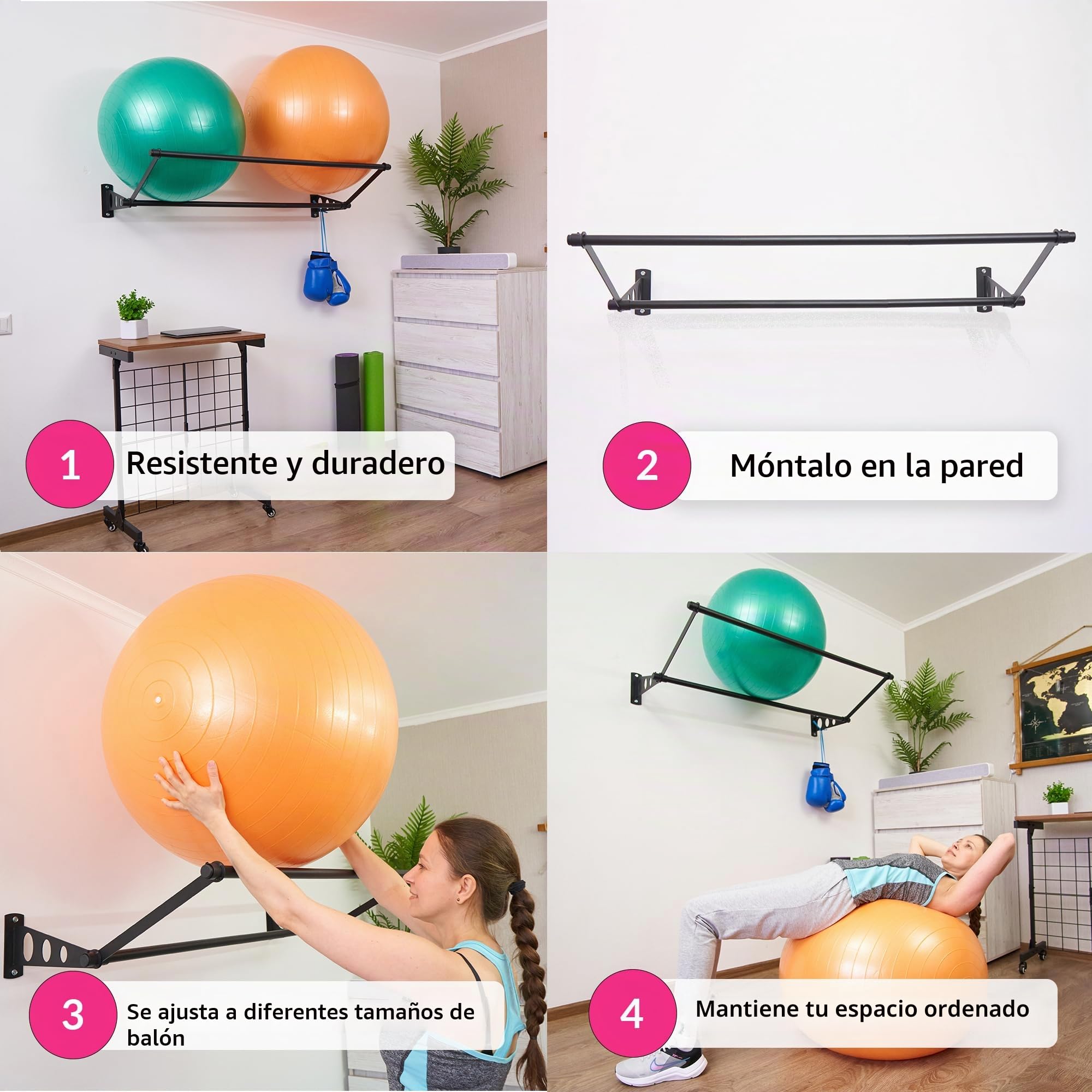 Soporte De Pared Para Pelotas De Ejercicio | Organice Su Espacio | Para Pelotas De Yoga, Pelotas De Fitness Y Pelotas De Estabilidad | Para Gimnasios, Estudios Y Gimnasios En Casa | Negro Mate