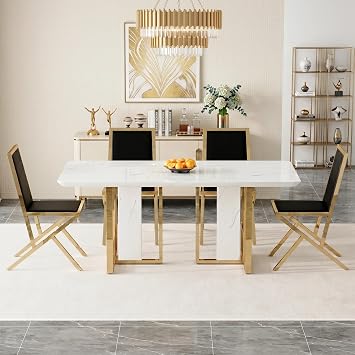 5-Piece Dining Table Set for 4, Luxury 63-Inch Rectangular Faux Marble Table with 4 Black PU Upholstered Chairs, Modern White and Gold Kitchen Dinette Set for Dining Room Apartment