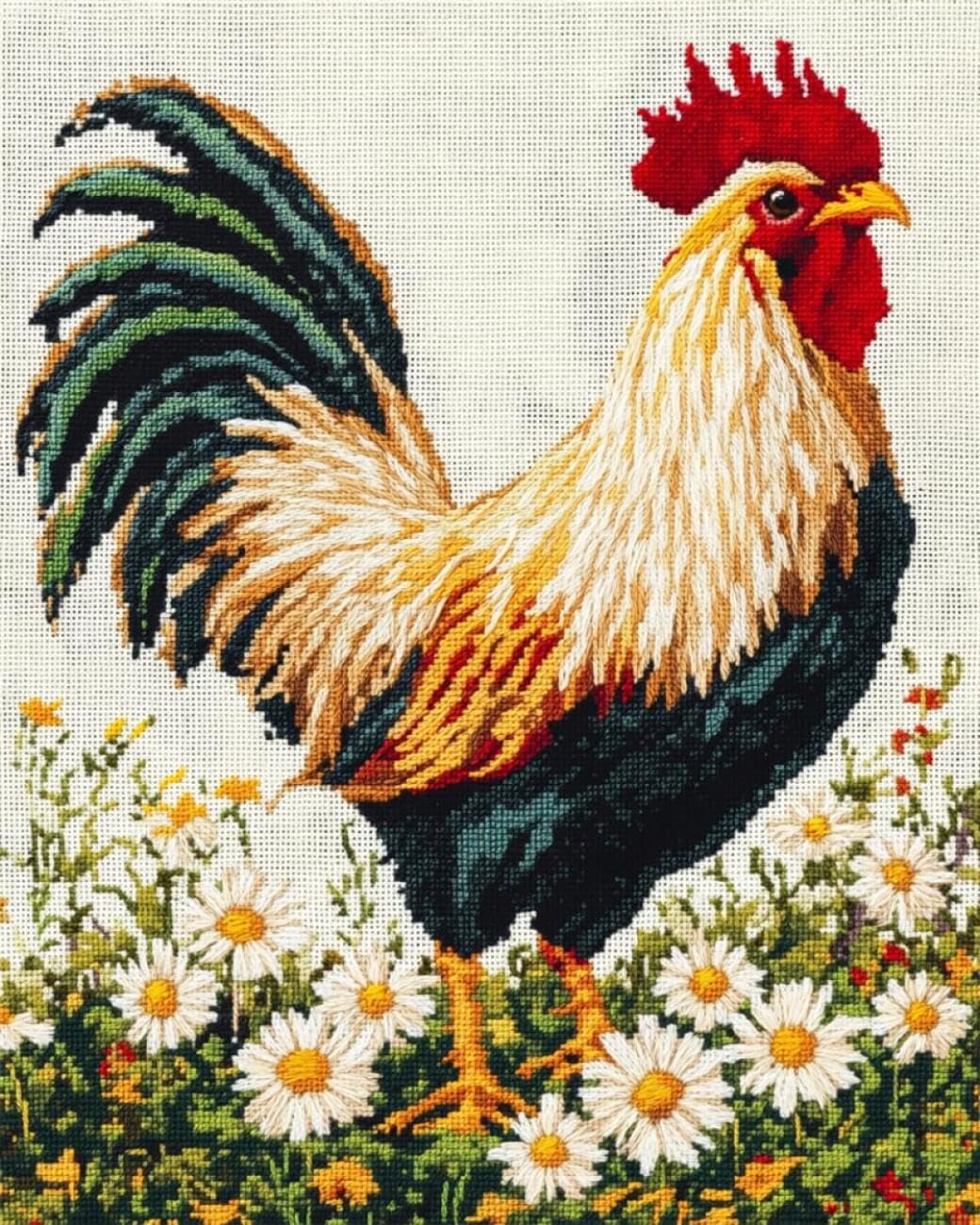 AxiangziK DIY Stamped Cross Stitch Kit Rooster and Flowers 11CT 80x100cm