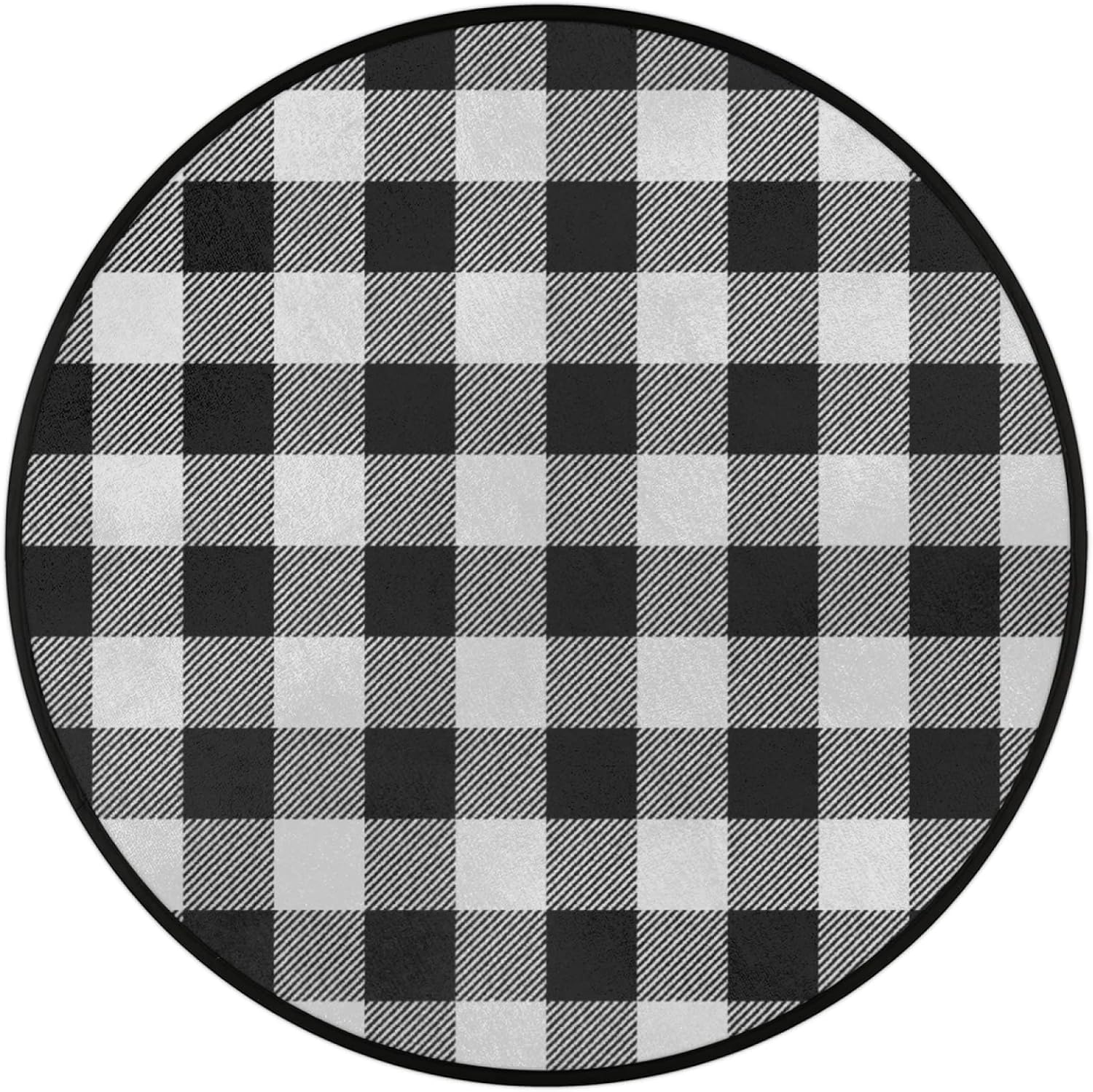 Buffalo Plaid Round Area Rug, Black and White Buffalo Check Large Circle Rugs Non Slip Round Floor Mat Soft Washable Carpet for Living Room Bedroom Indoor, 5 ft