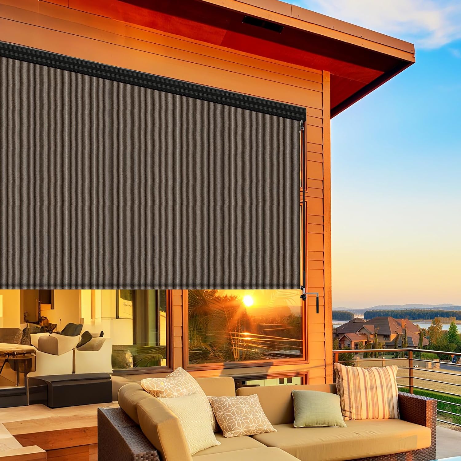 Shade&Beyond Outdoor Premium Roller Shades 8' W x 6' H with Valance, Exterior Roll Up Blinds Shade Cloth for Patio Porch Pergola, Mocha