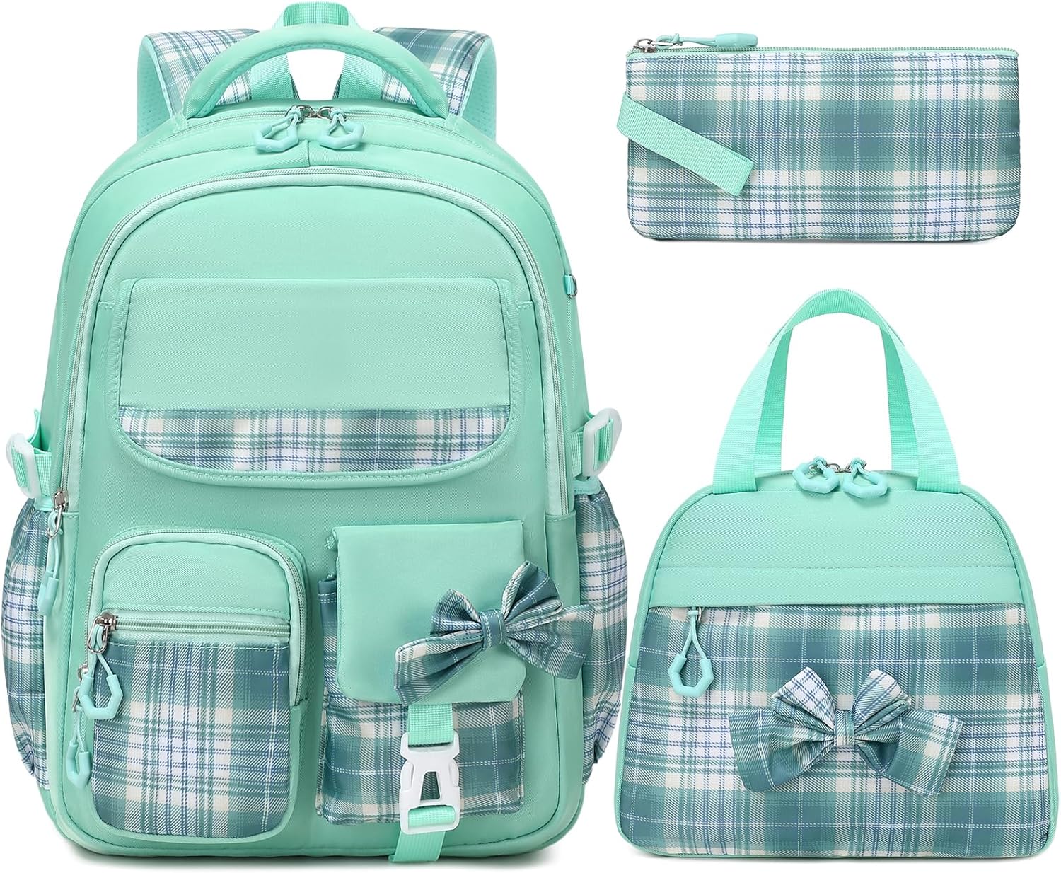 GeeWin School Backpack for Girls, Bookbags Back Pack School Bag for Teen Girl Elementary Middle School Student, Cute Stylish Plaid Girls Backpack with Matching Insulated Lunch Bag & Pencil Bag (Blue)