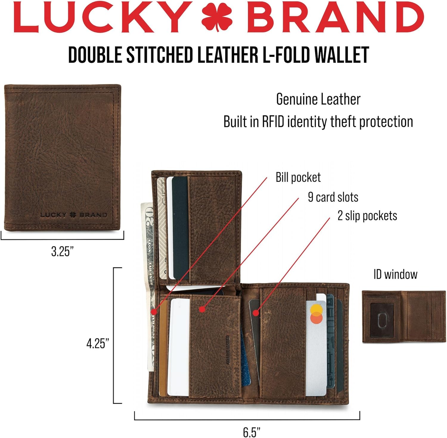Lucky Brand Men's Bifold Wallet | ID Window | Card Slots | Genuine Leather | Organization | Durable | Stylish