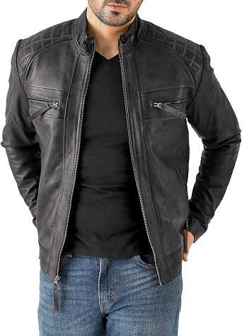 Jild Vintage Brown Mens Leather Jacket - Quilted Motorcycle Style Lambskin Leather Jacket Men