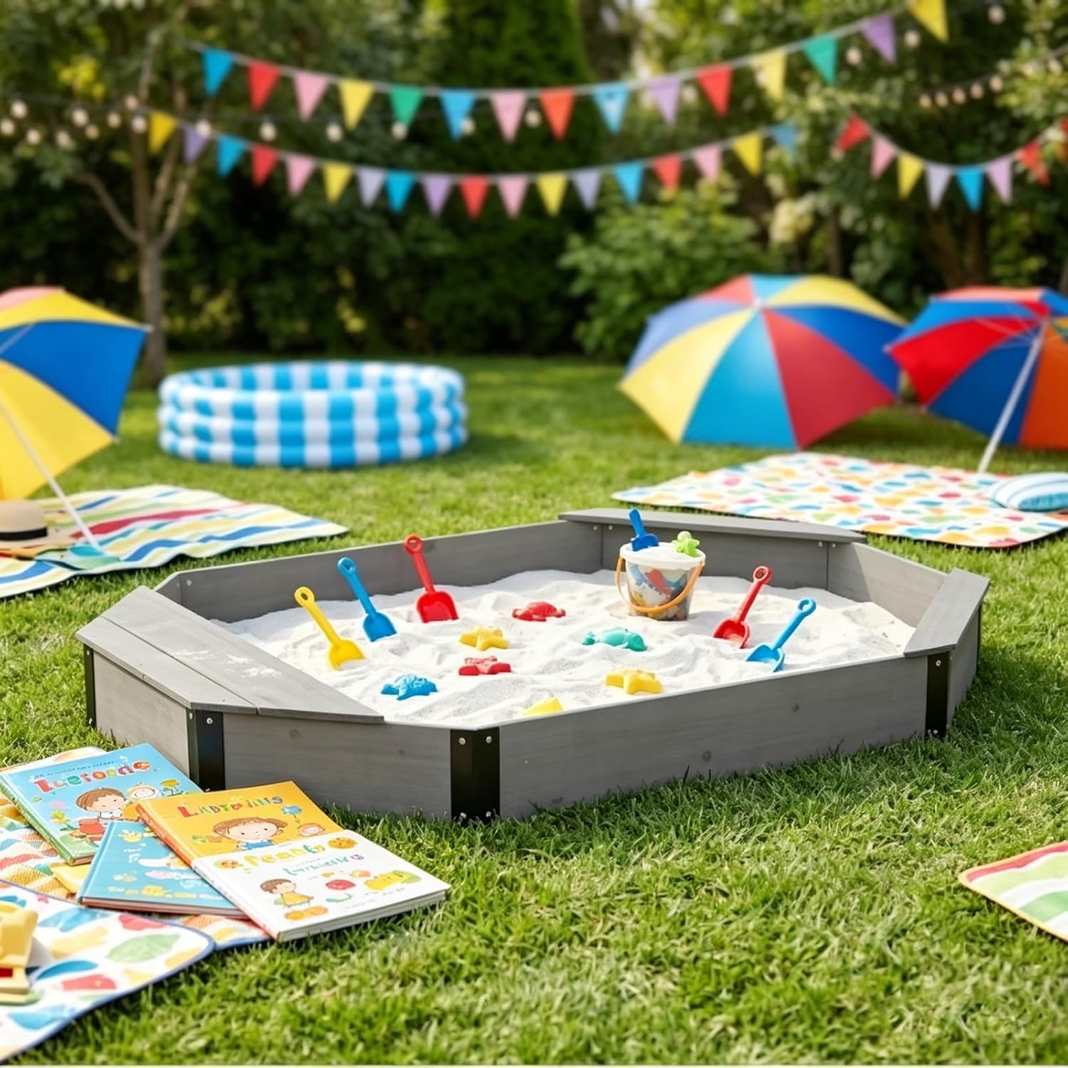 All-Weather Hexagonal Sandbox with Seats, Year-Round Outdoor Wooden Sand Pit, Backyard Sandbox with Liner for Garden, Patio, Playground, All-Season Sandpit