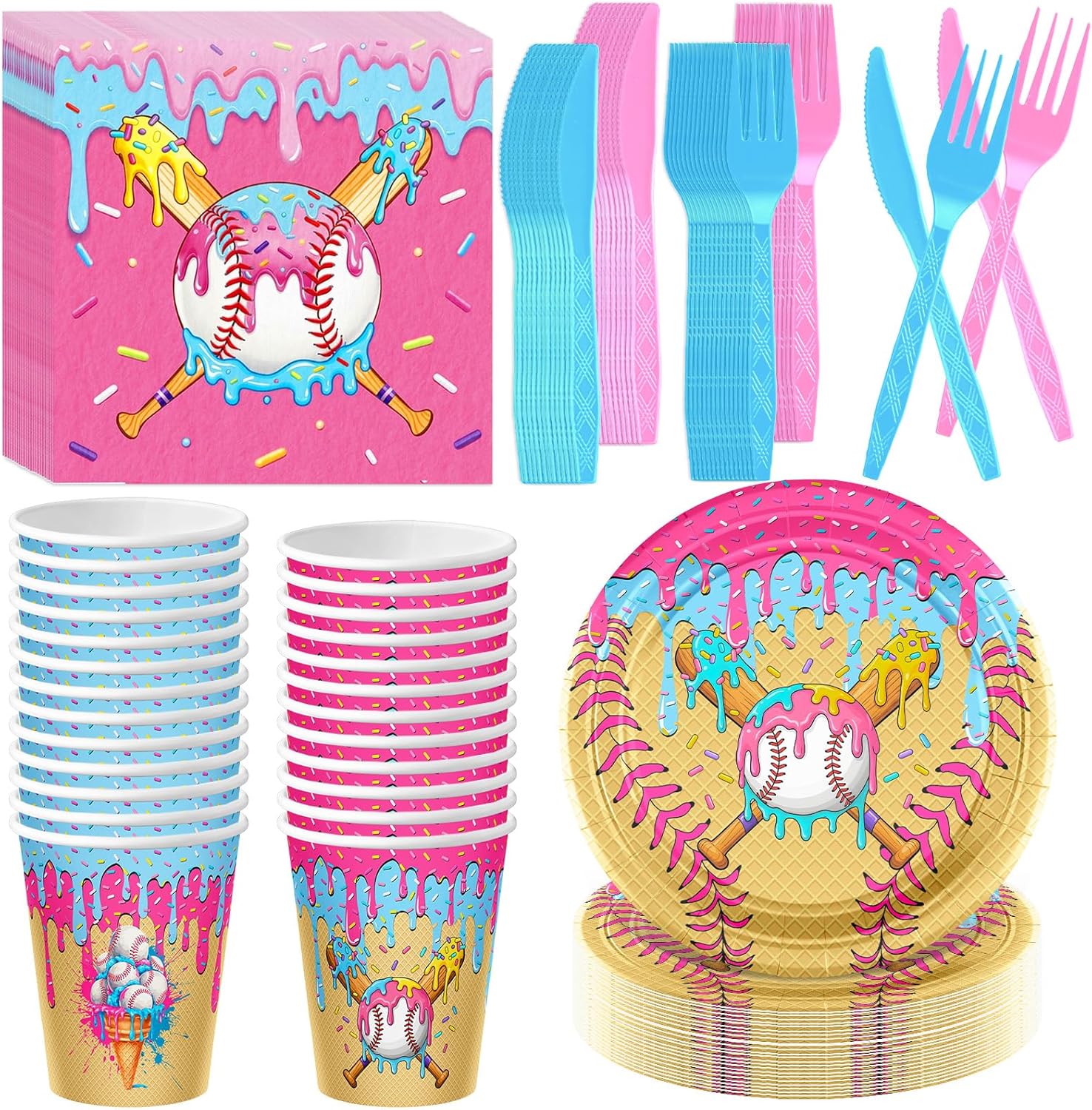 250 Pcs Ice Cream Drip Baseball Party Supplies Ice Cream Paper Plates Cup Napkins Knife Fork Set Summer Sports Disposable Tableware for Icecream Baseball Birthday Party Supplies (250)