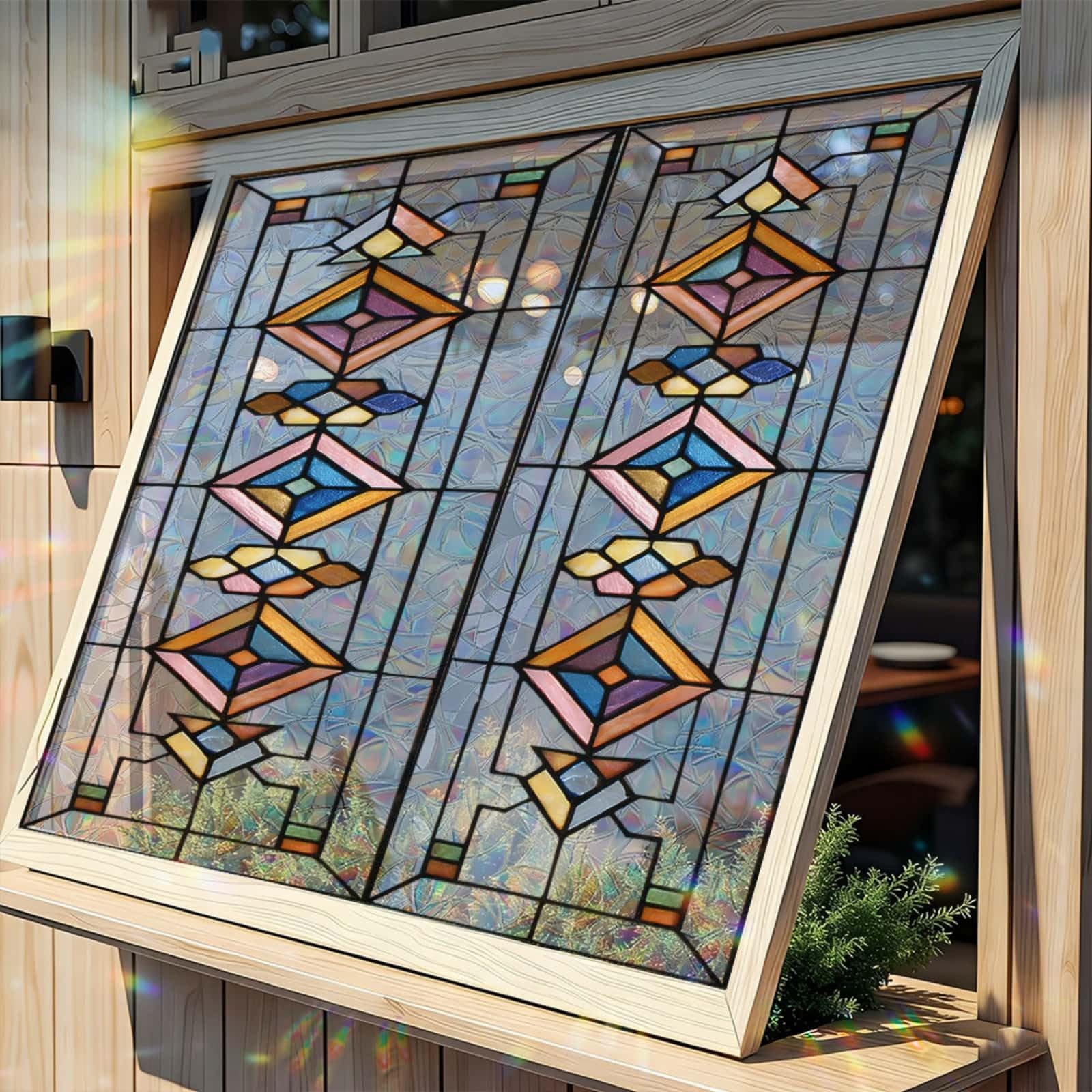 Privacy Film for Glass Windows 43x200cm Color Geometry Stained Glass Window Film Non Adhesive Reusable Waterproof PVC Opaque Window Stickers for Bathroom Office Decoration