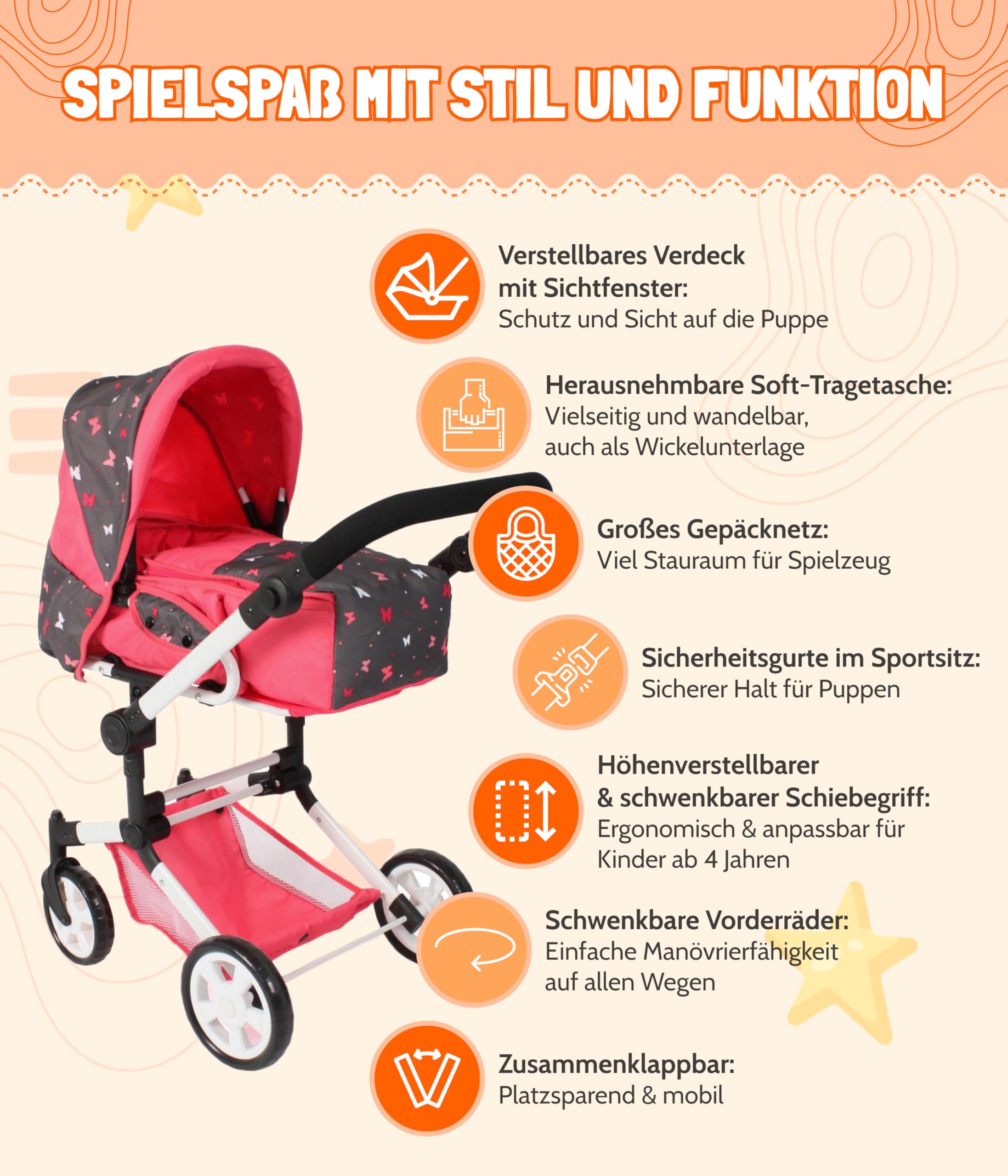 Bayer Chic 2000® Wózek dla lalek Jara 3 w 1 – Butterfly Coral – składany, uchwyt z regulacją wysokości 47-78 cm – torba do przenoszenia – lalki do 52 cm, 4-8 J.