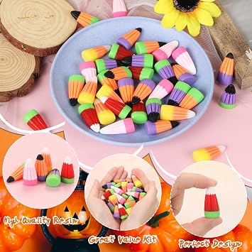 36 Pieces Fake Candy Corn Embellishments, Halloween Decor Resin Candy Corn Beads Party Supplies Candy Decors with Box DIY Crafts Scrapbooking Accessories (RainbowColor)