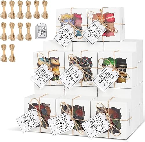 KPOSIYA 120 cajas de panadería blancas con ventana, cajas individuales para cupcakes de 4 x 4 x 2.5 pulgadas, cajas de galletas de papel kraft