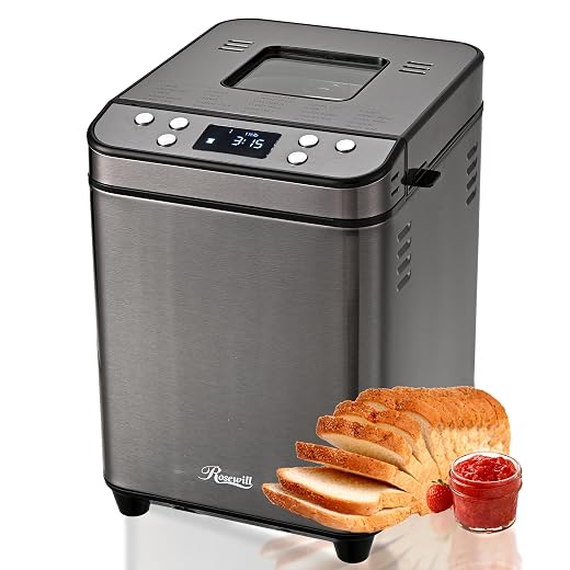 Rosewill 25-in-1 Automatic Bread Maker Machine with 3 Loaf Size up to 2 Lb, 700W High Power Dual Heater with BPA-free Nonstick Coating Pan, Max 15 Hours Delay Timer, Low Noise - Gray