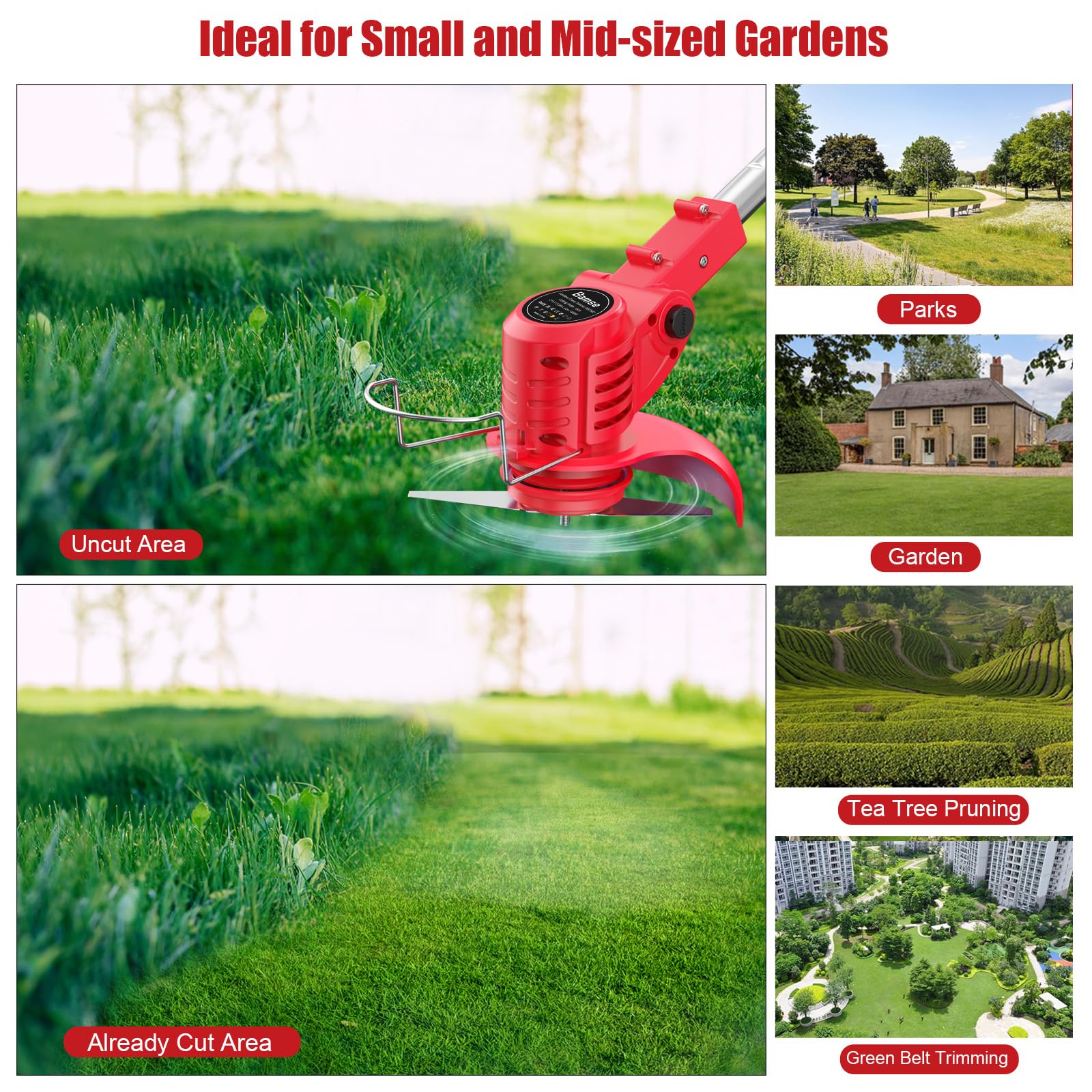 Debroussailleuse Electrique sans Fil, Coupe Bordure sans Fil avec 2 Batterie 21V 2000mAh et 2 Types de Metal Lames, Poignée réglable, Coupe Bordures pour la Coupe de Jardin et Pelouses, Rouge Clair