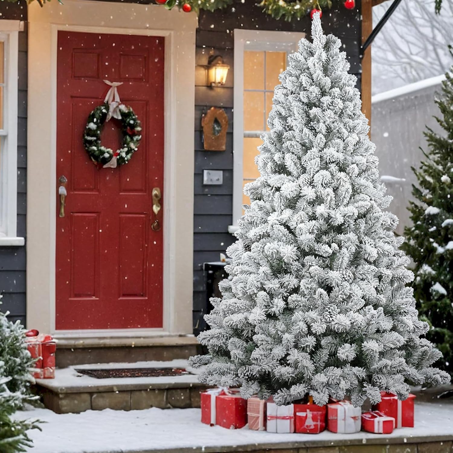 5FT Snow Flocked Artificial Christmas Tree,Full White Christmas Tree with 1300 Premium PVC Branches, Xmas Tree with Sturdy Metal Stand for Home, Shops, Party Decoration