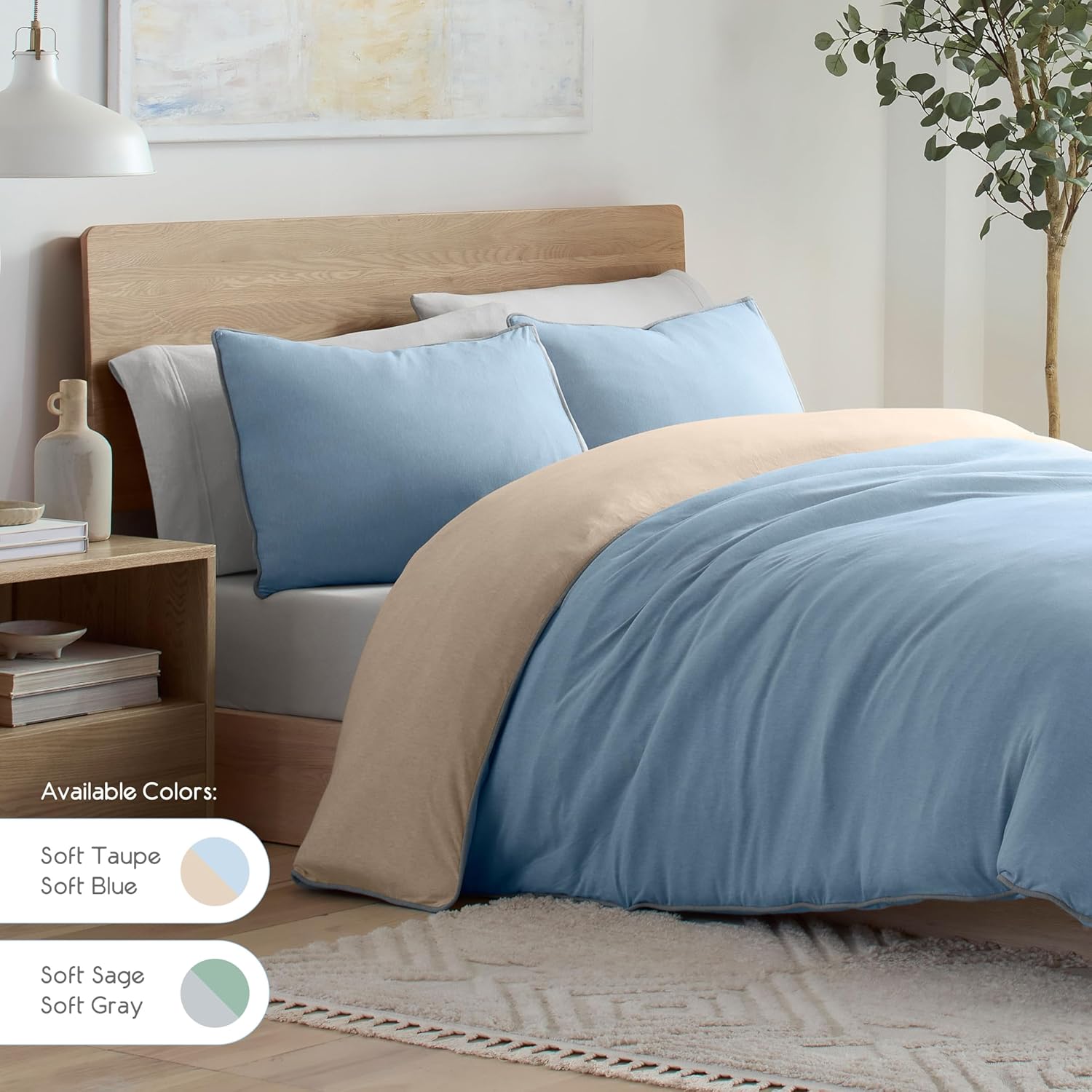 Vellux Solid Jersey Knit 2-Piece Twin Comforter Set - Cotton Blend - Ultra-Soft & Cozy T-Shirt - Light Weight - Breathable - Down Alternative - Bedding for All-Season Comfort (68 x 88, Blue/Taupe)