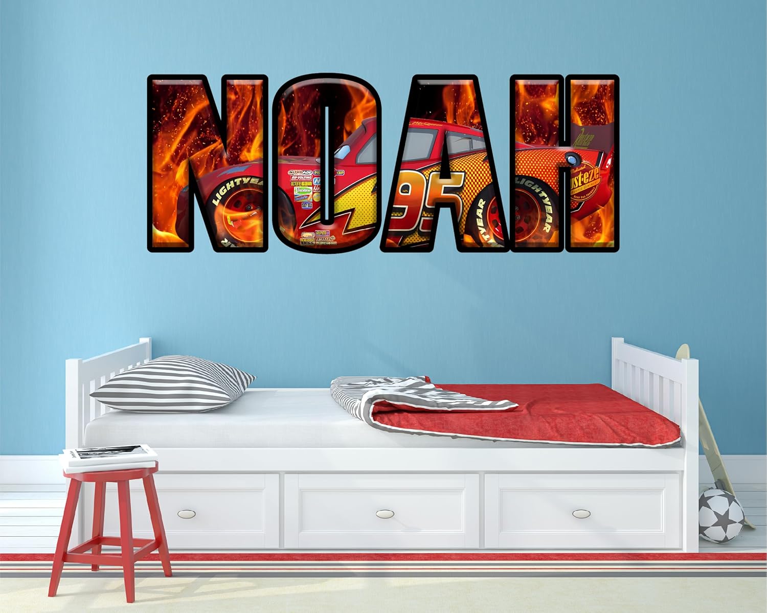 Cars Personalized Name Wall Decals for Kids Room - Custom Car Racing Wall Decor - Boys Race Car with Flames Wall Stickers - Supercar Bedroom Playroom Cars Art Vinyl Sticker