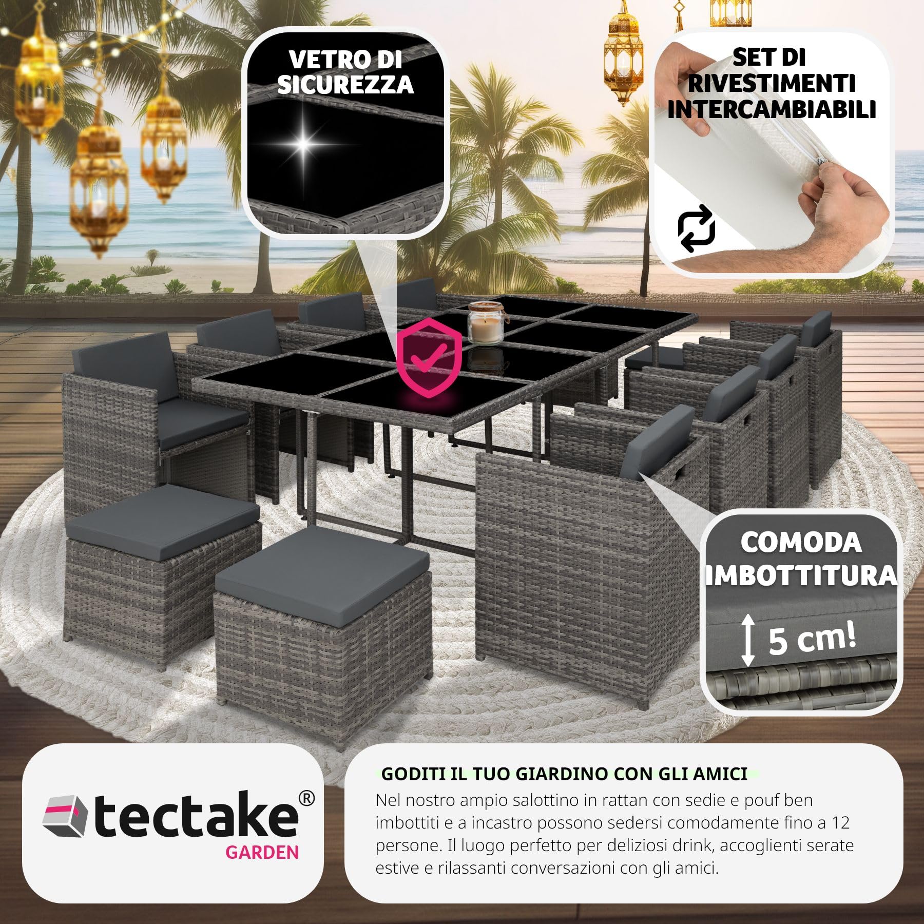 Tectake Set Mobili da Giardino in Poli Rattan 8 Sedie 1 Tavolo 4 Sgabelli Rivestimenti Rimovibili Idrorepellenti Grigio
