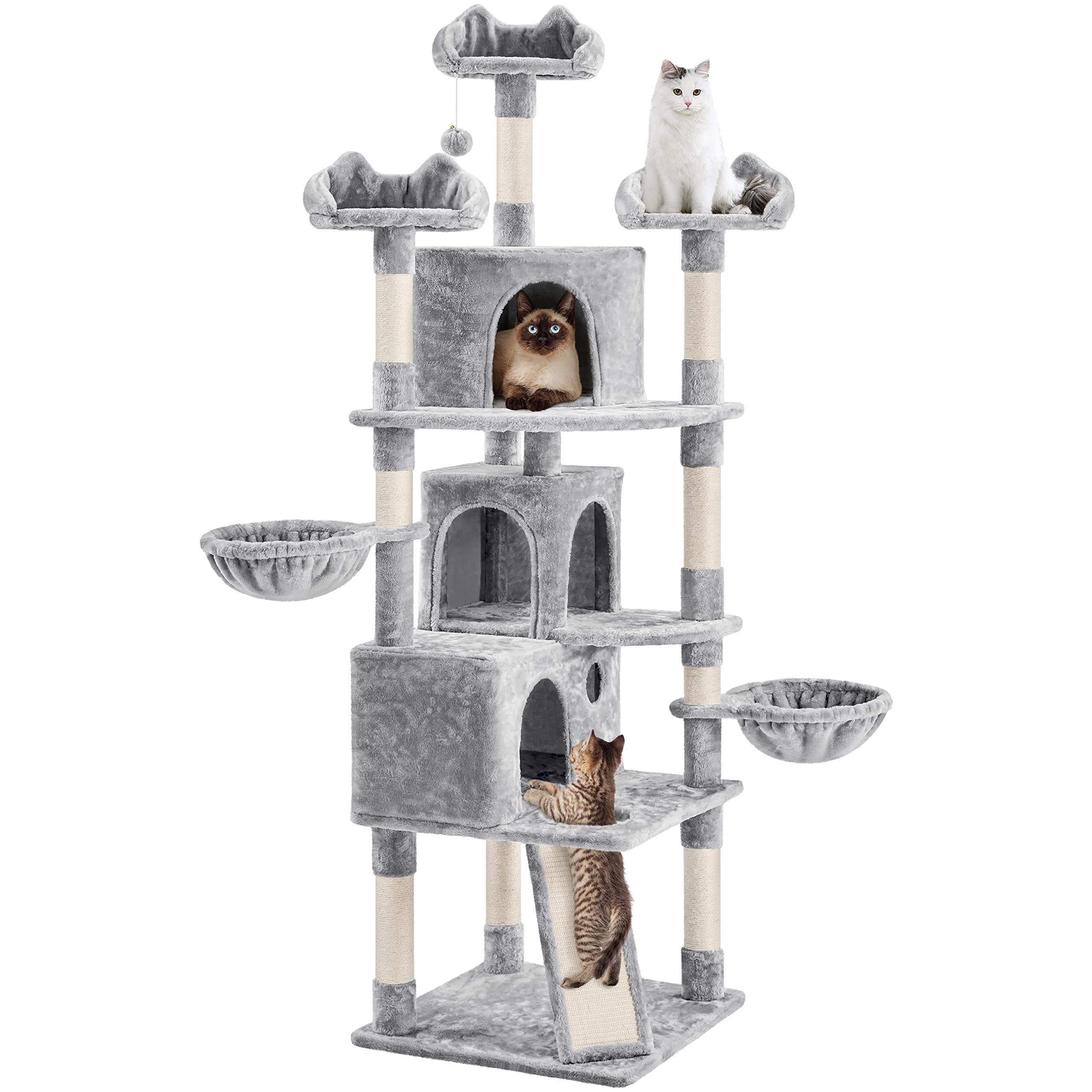 costoffs Large Cat Tree, 194cm Cat Tower with 3 Big Condos, Sisal Scratching Posts & Ramp Scratching Board, Cat Bed Furniture for Indoor Cats Play, Light Grey