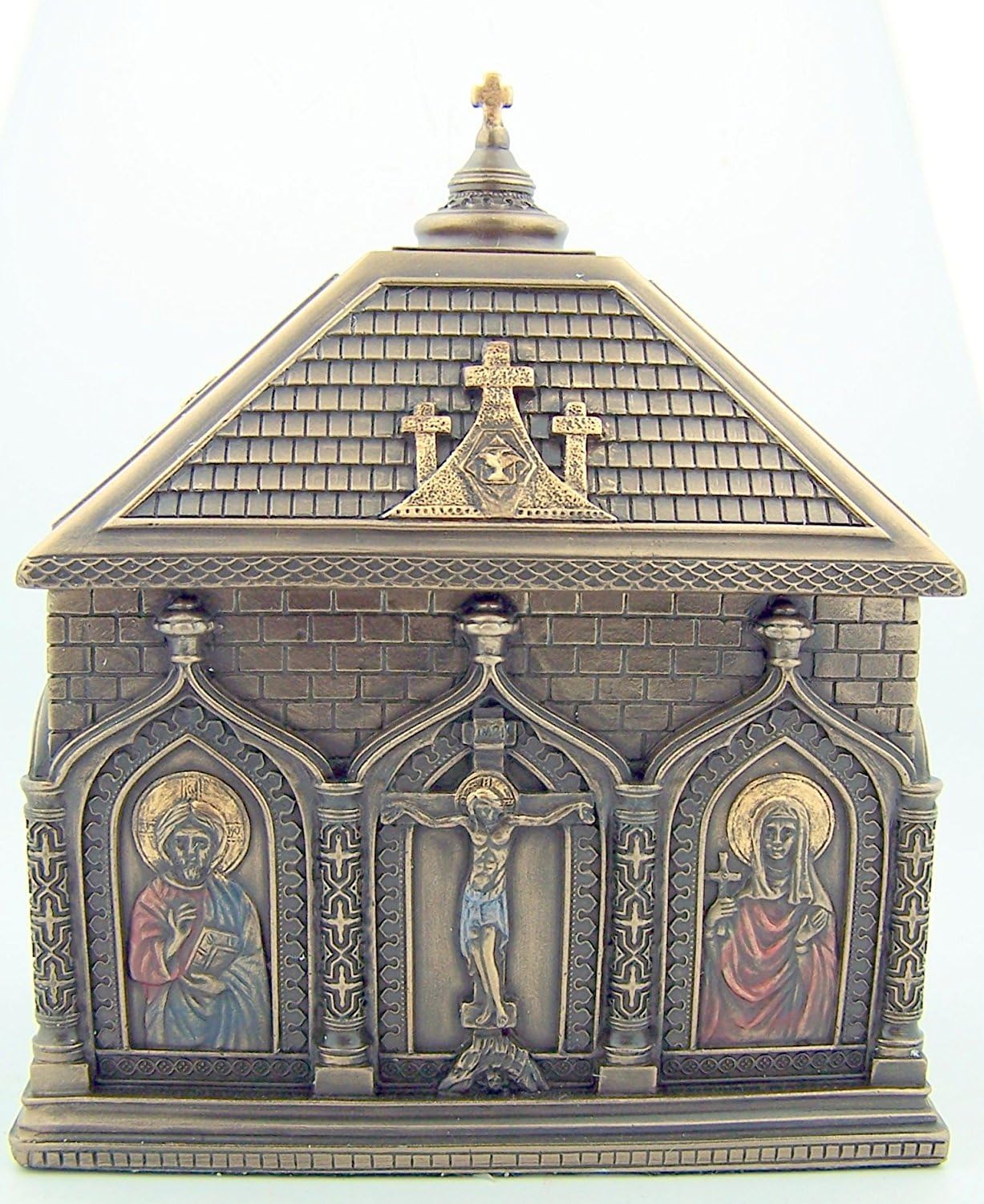 Religious Catholic Gift Cold Cast Bronze 5 7/8 Inch Church Chapel Icon Rosary Keepsake Trinket Box