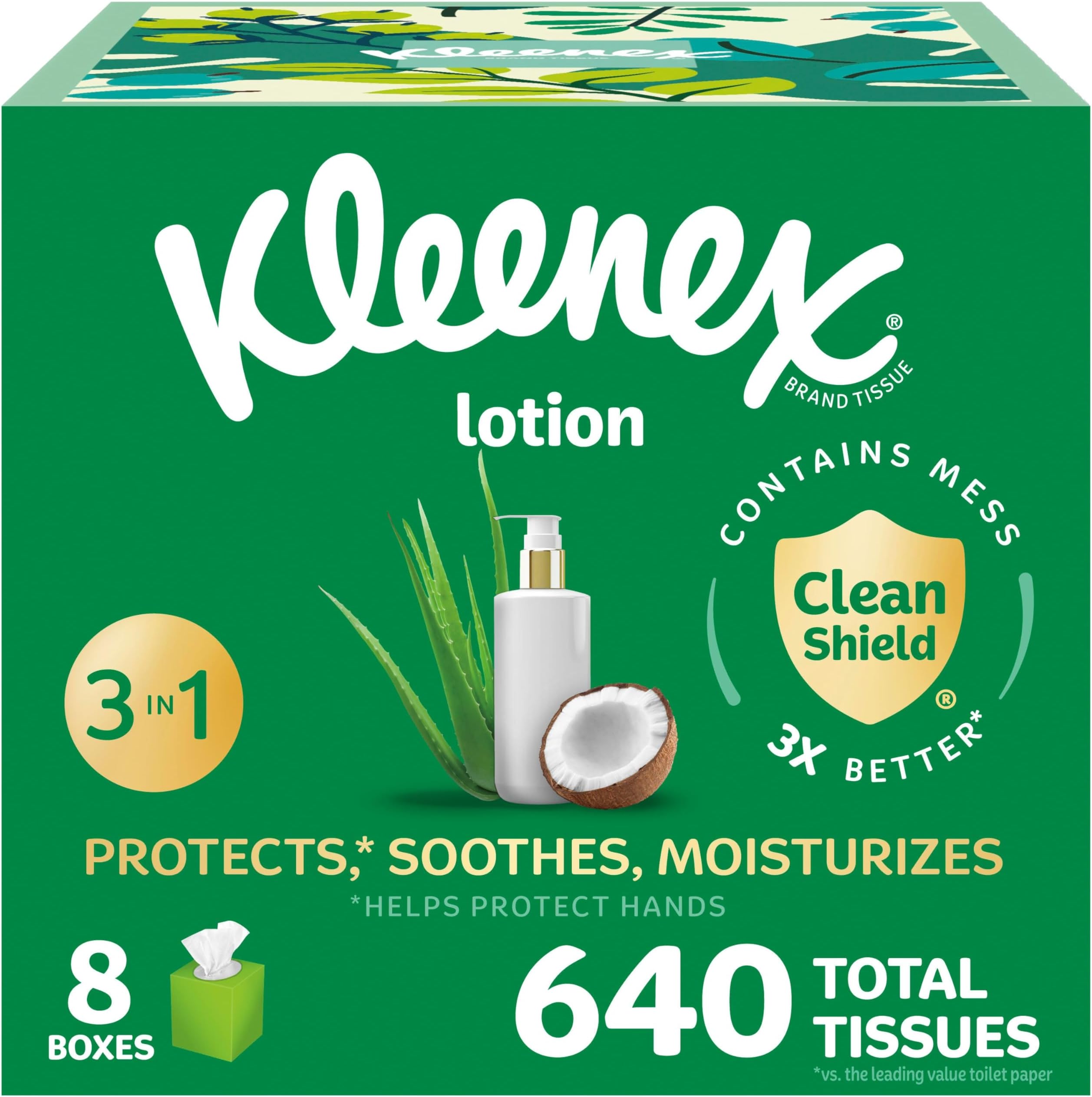 Kleenex Lotion Tissues with Coconut Oil, 8 Cube Boxes, 80 Tissues Per Box, 3 Pieces