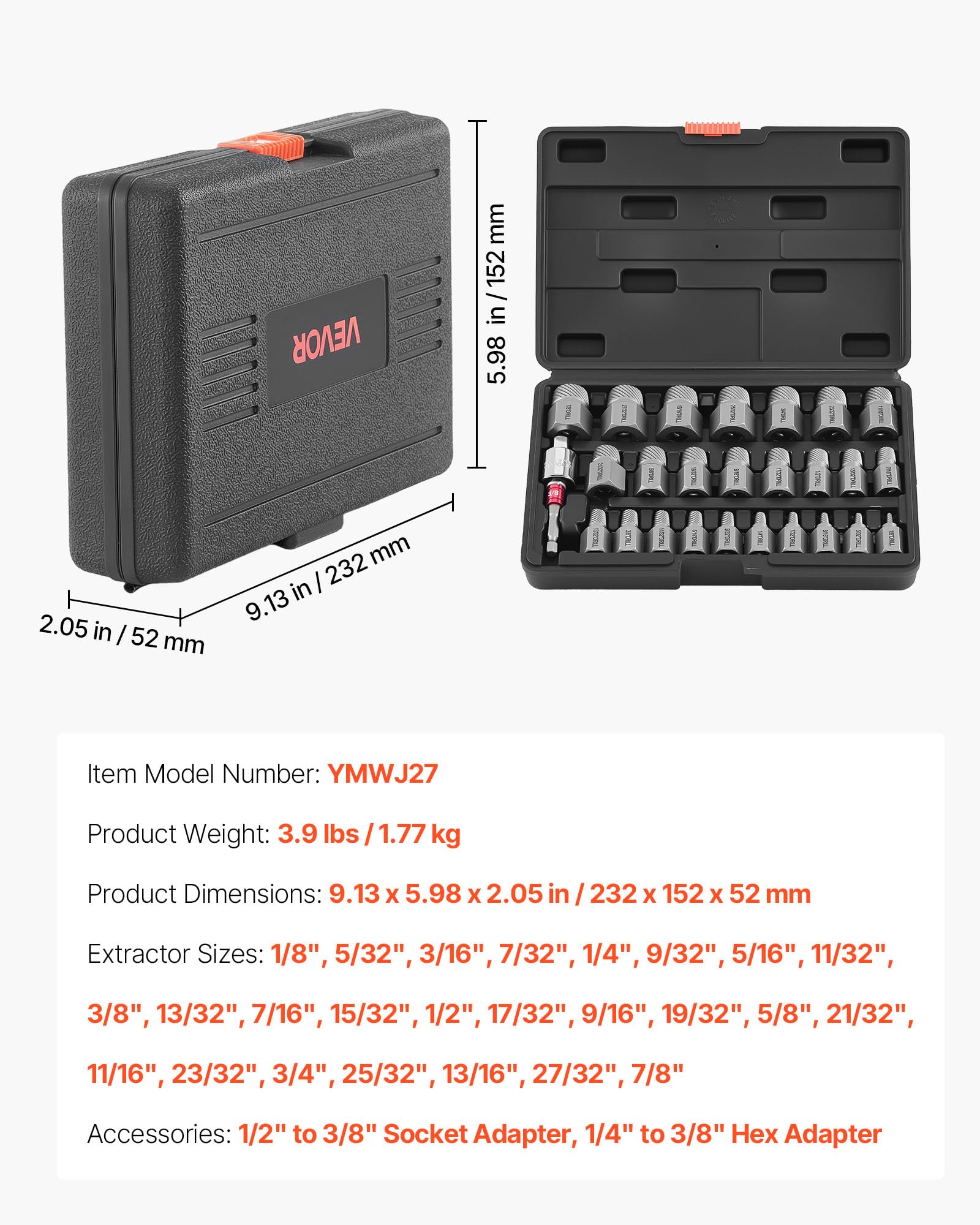 VEVOR Set di Estrattori per Bulloni Danneggiati 27 pezzi, Set di Bussole per Estrazione di Dadi Rotti Utensili per Rimozione Bulloni Danneggiati per Riparazioni Domestiche Officina Garage