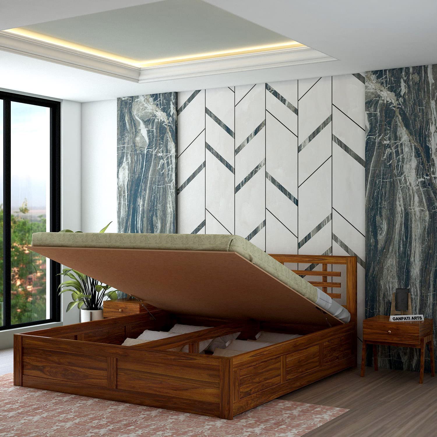 Ganpati Arts Sheesham Wood Lyon King Size Bed with Hydraulic Storage for Bedroom Living Room Wooden Double Bed Palang (Natural)